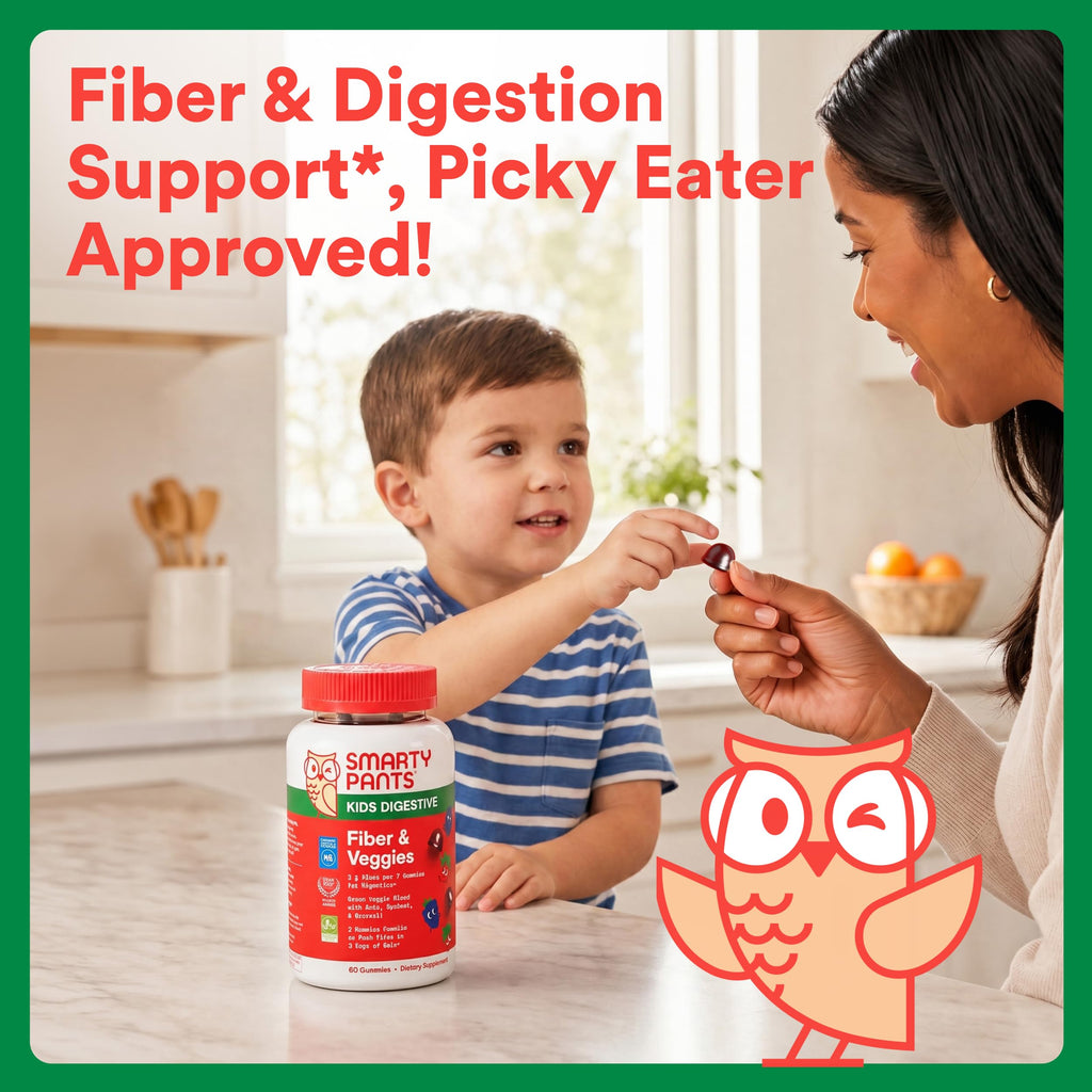 SmartyPants Kids Fiber & Veggies: Prebiotic Fiber Gummies for Kids, Fiber Supplement with Inulin, Organic Green Veggie Blend, Vegan, Gluten Free, Mixed Berry Flavor, 60 Count (30 Day Supply)
