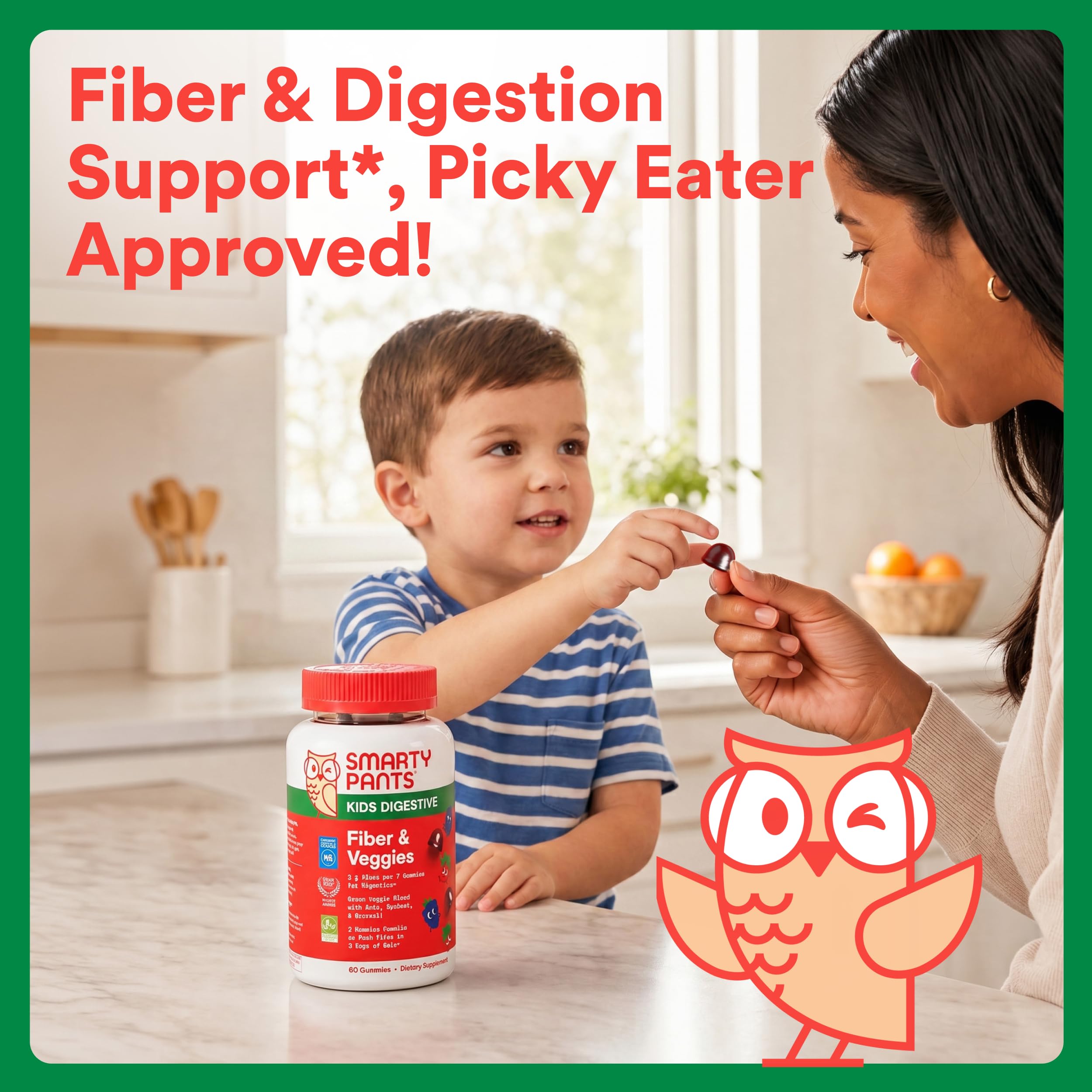 SmartyPants Kids Fiber & Veggies: Prebiotic Fiber Gummies for Kids, Fiber Supplement with Inulin, Organic Green Veggie Blend, Vegan, Gluten Free, Mixed Berry Flavor, 60 Count (30 Day Supply)