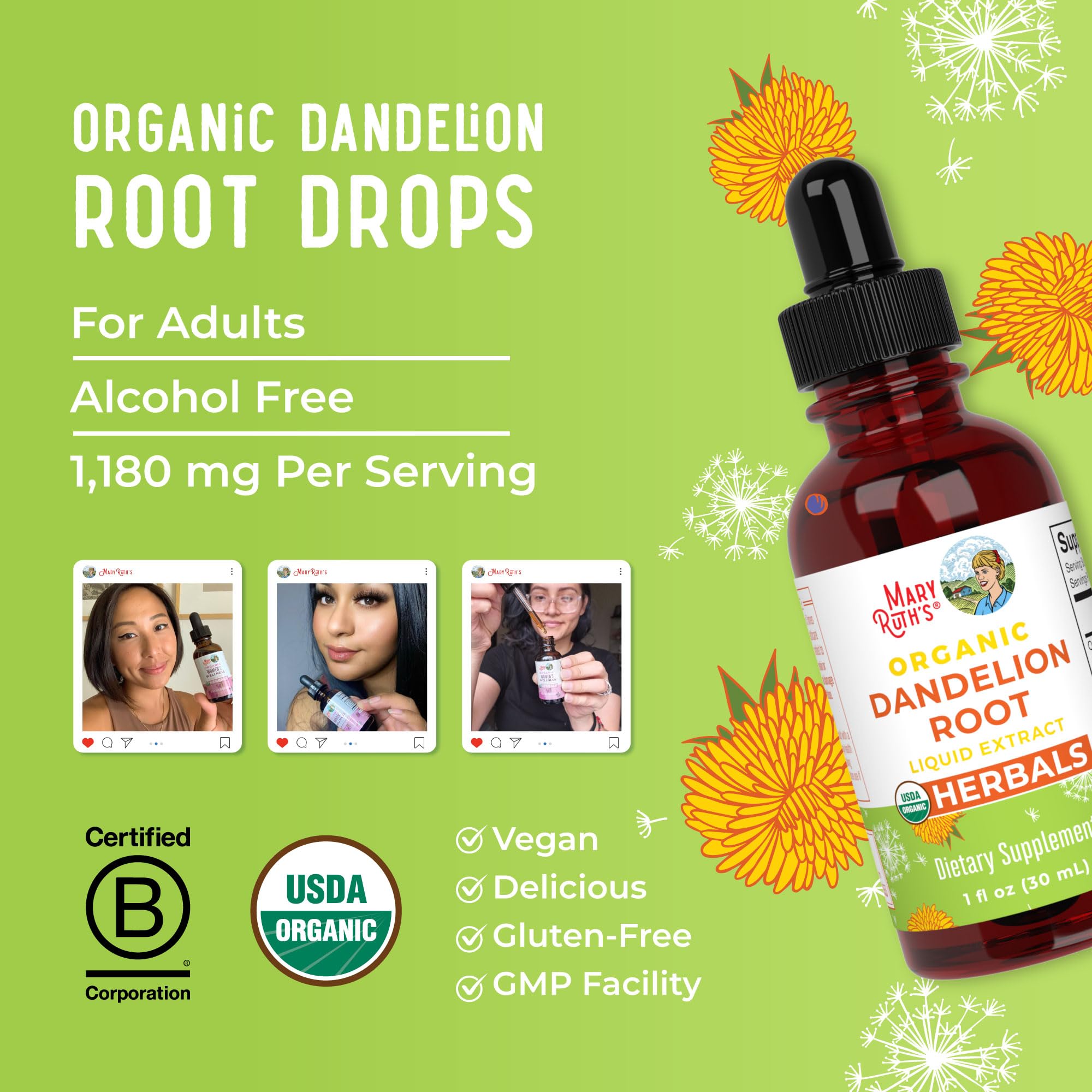 MARYRUTH'S Organic Dandelion Root Extract 1,180mg Dandelion Root, 1 oz