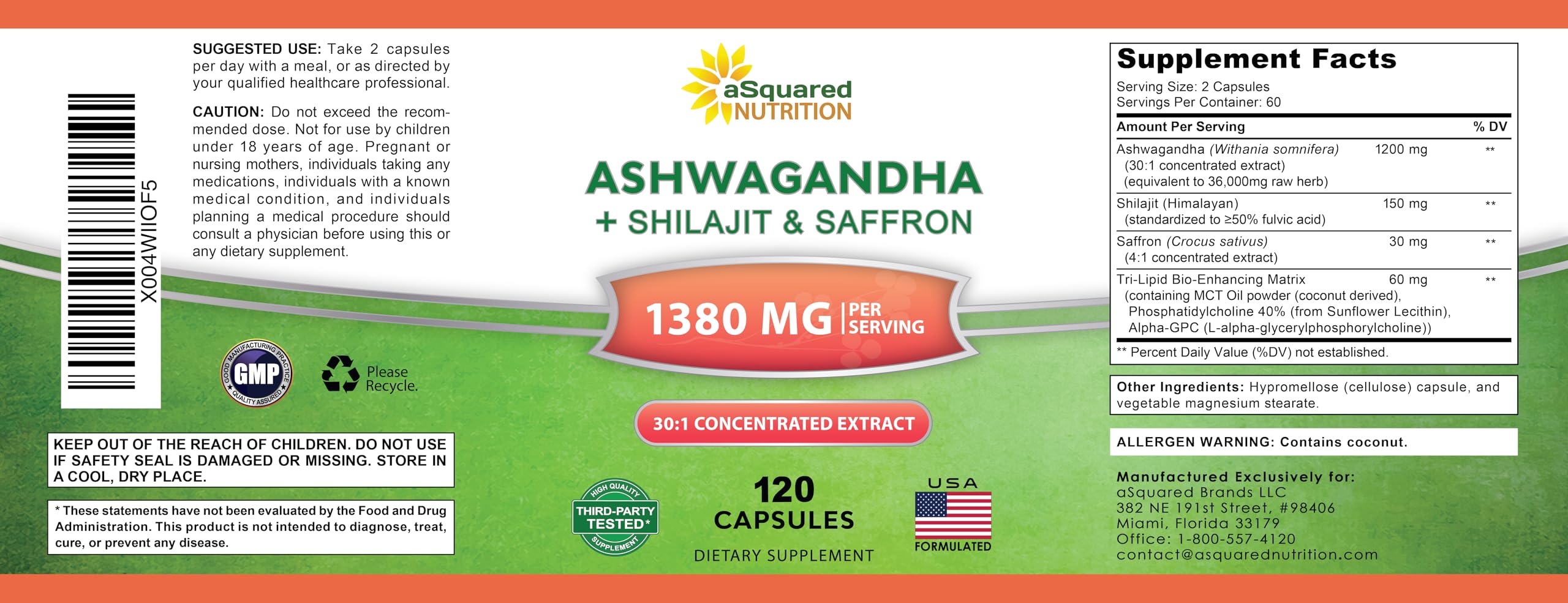 aSquared Nutrition Ashwagandha Supplements for Men & Women + Shilajit & Saffron - 120 Capsules - Pure Root Powder Complex - Pills Alternative to Gummies & Drops