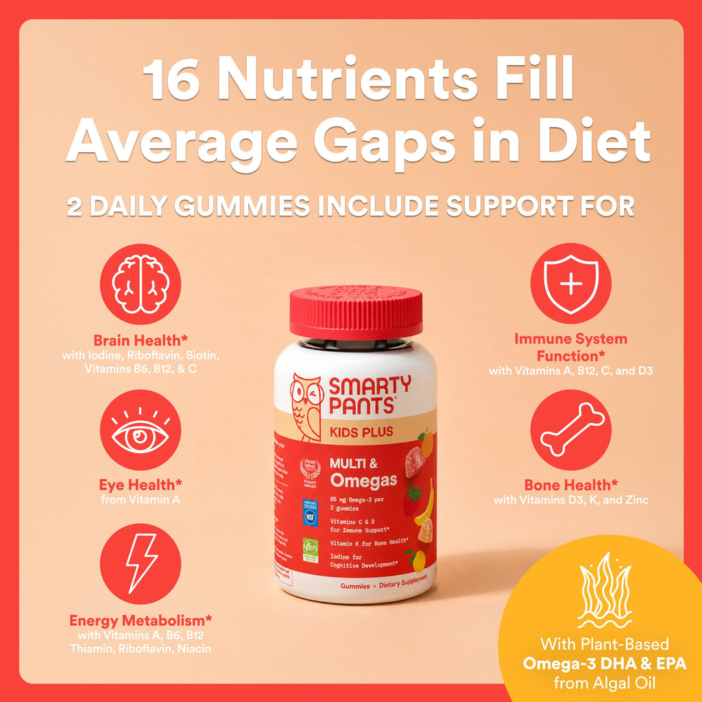 SmartyPants Kids Multivitamin Gummies, Omega 3 (DHA/EPA), Vitamins D3, C, B12, B6, Vitamin A, K & Zinc, Gluten Free, Three Fruit Flavors, 80 Count (40 Day Supply)