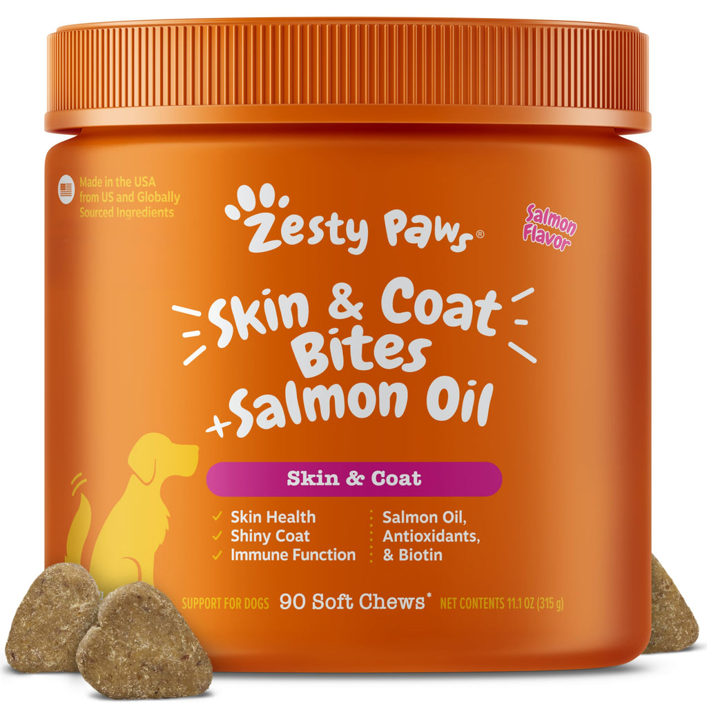 Zesty Paws Salmon Oil for Dogs Skin and Coat, Omega 3 Fish Oil Chews, Dog Allergy Relief Chews, Itch Relief Supplement, 90 Count, Salmon Flavor