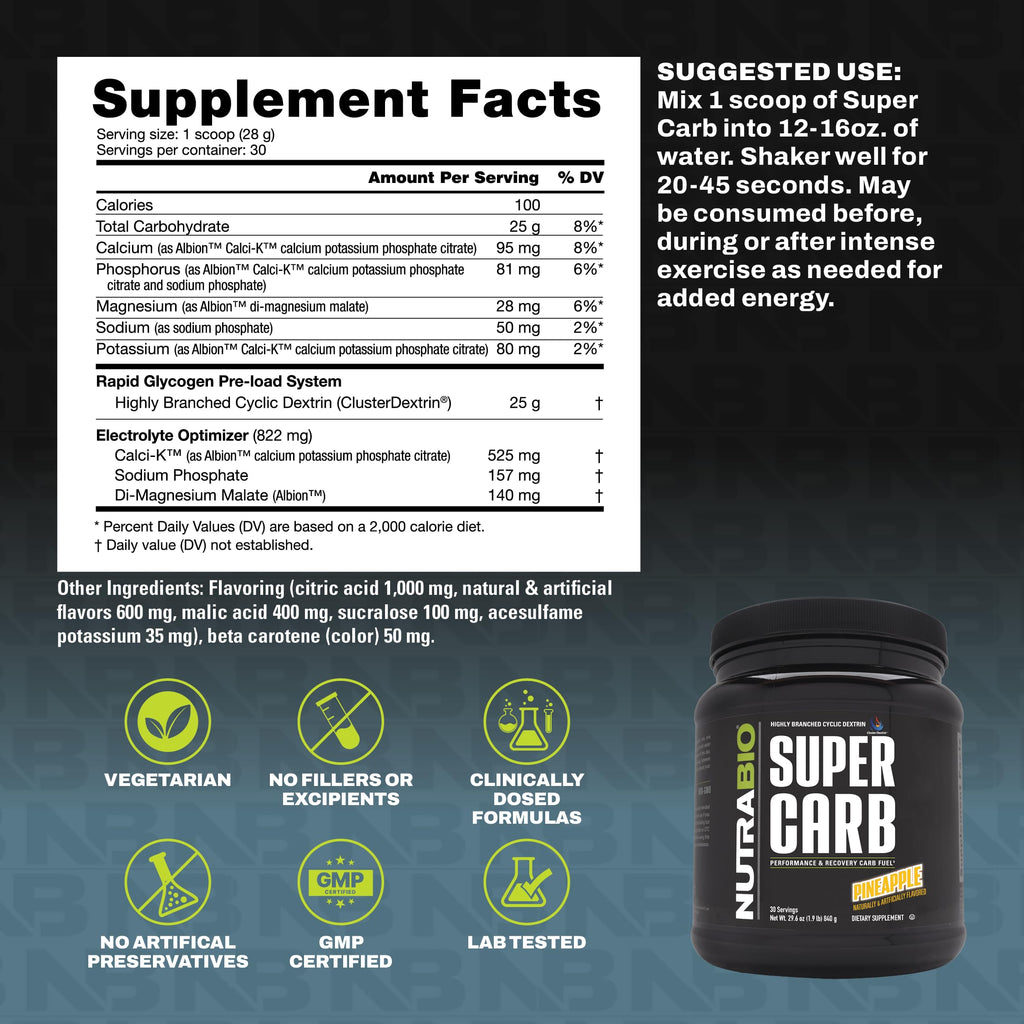 NutraBio Super Carb, Carbohydrate Powder with Cluster Dextrin & Electrolytes, Advanced Carb Supplement Powder for Workout Fuel, Performance, and Muscle Recovery, Cyclic Dextrin, Pineapple, 30 Sv