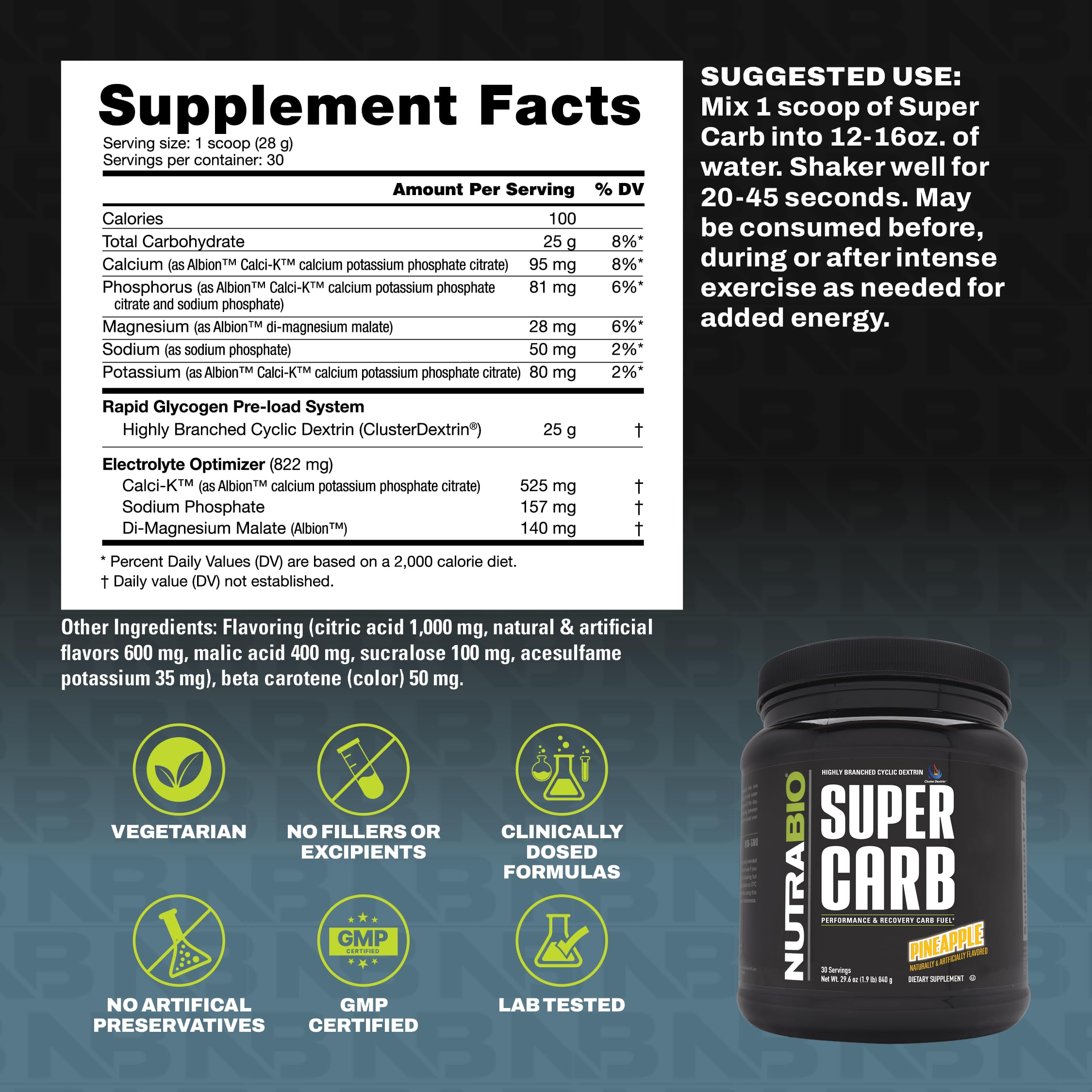 NutraBio Super Carb, Carbohydrate Powder with Cluster Dextrin & Electrolytes, Advanced Carb Supplement Powder for Workout Fuel, Performance, and Muscle Recovery, Cyclic Dextrin, Pineapple, 30 Sv