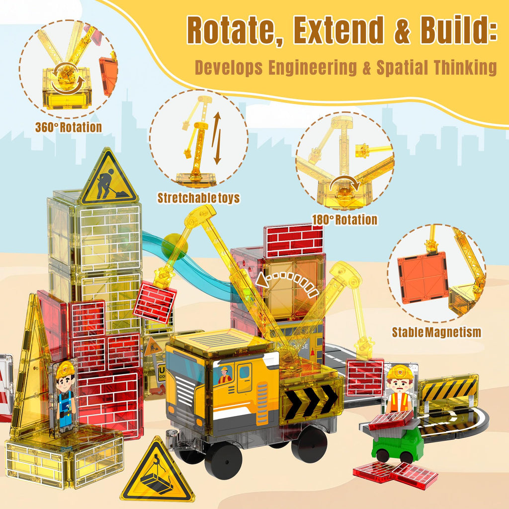 Magnetic Tiles for Kids Ages 4-8 Construction Toys with Crane Marble Run