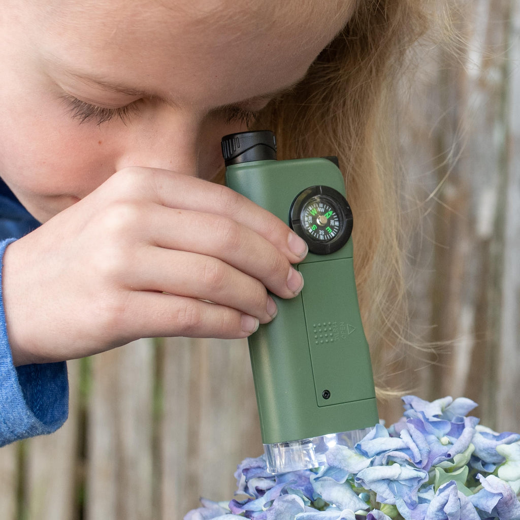 Carson X-Scope Kids 7 Function Multi Purpose Optical Pocket Tool with 30x Microscope, 8x Telescope, 9x Fold-Out Magnifier, Flashlight, Signal Whistle, Directional Compass and Digital Clock (CP-11)