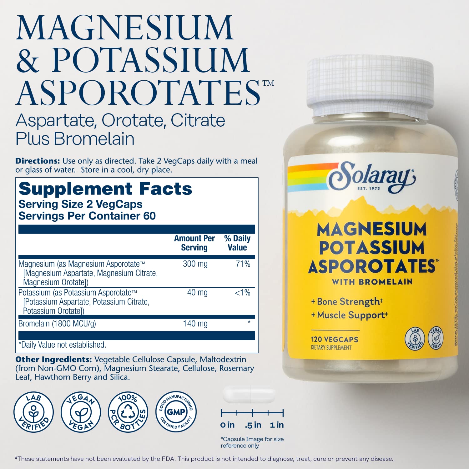 SOLARAY Magnesium Potassium with Bromelain, 120 VegCaps