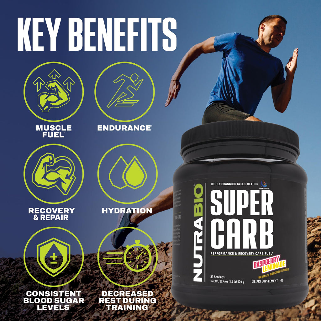 NutraBio Super Carb, Carbohydrate Powder with Cluster Dextrin & Electrolytes, Advanced Carb Supplement Powder for Workout Fuel,Performance, and Muscle Recovery,Cyclic Dextrin,Raspberry Lemonade, 30 Sv