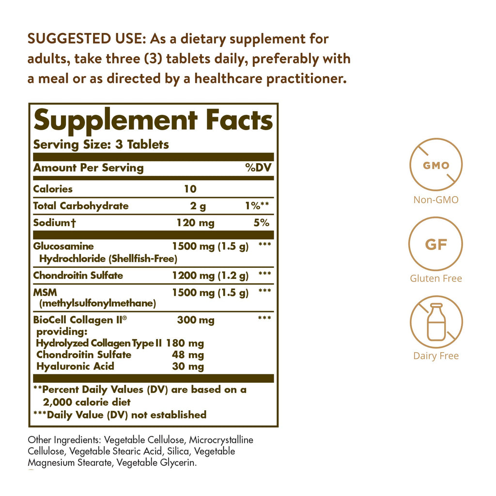 Solgar Glucosamine Hyaluronic Acid Chondroitin MSM (Shellfish-Free), 60 Tablets - Joint Support & Comfort - Supports Active Lifestyles - Non-GMO, Gluten Free, Dairy Free - 20 Servings