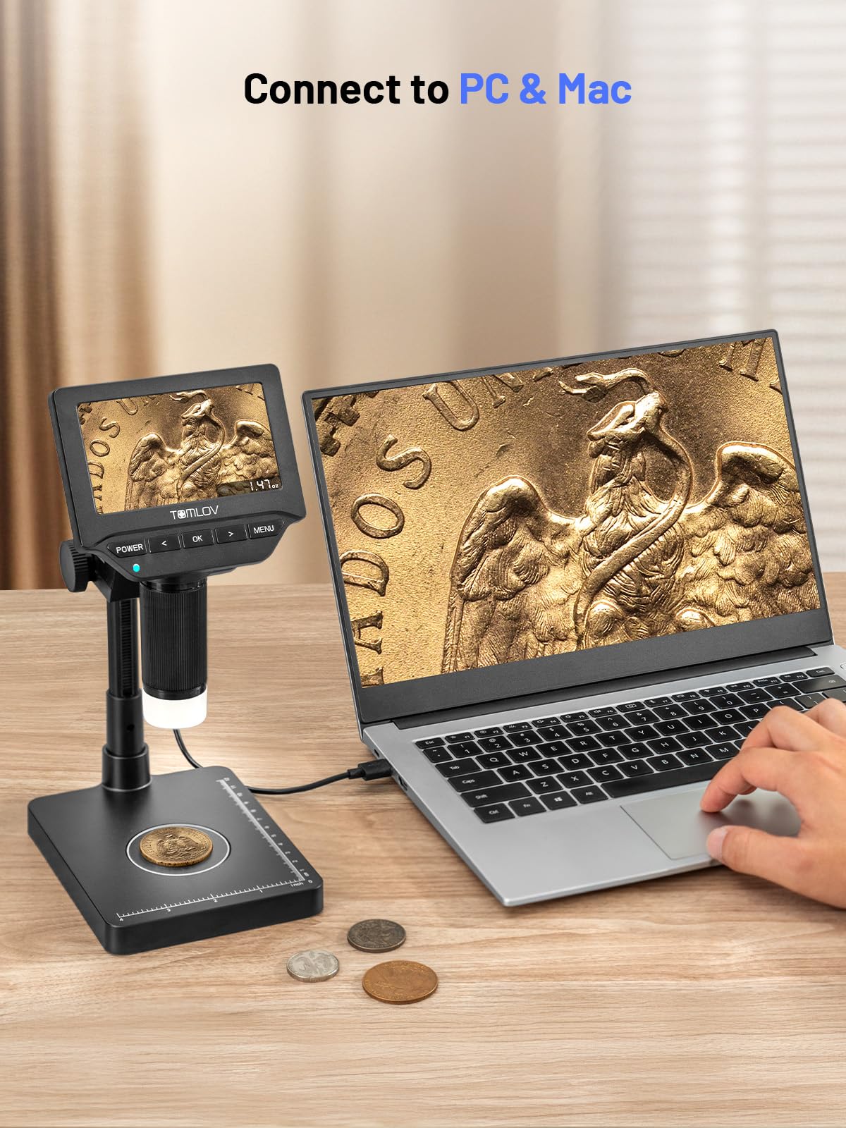 TOMLOV DM4W Microscope with Weighing Scale: 4.3" Digital Coin Microscope with Screen, Error Coin Magnifier with Lights, Weight Scale for Collectors, Jeweler, Students, Compatible with Windows/Mac