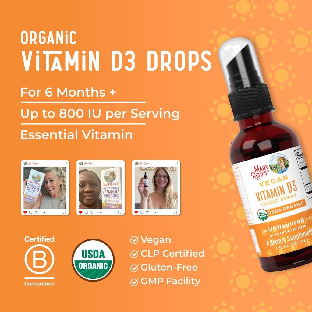 MaryRuth Organic Vitamin D Drops Spray, Adult & Kids Vitamin D, 30 Servings