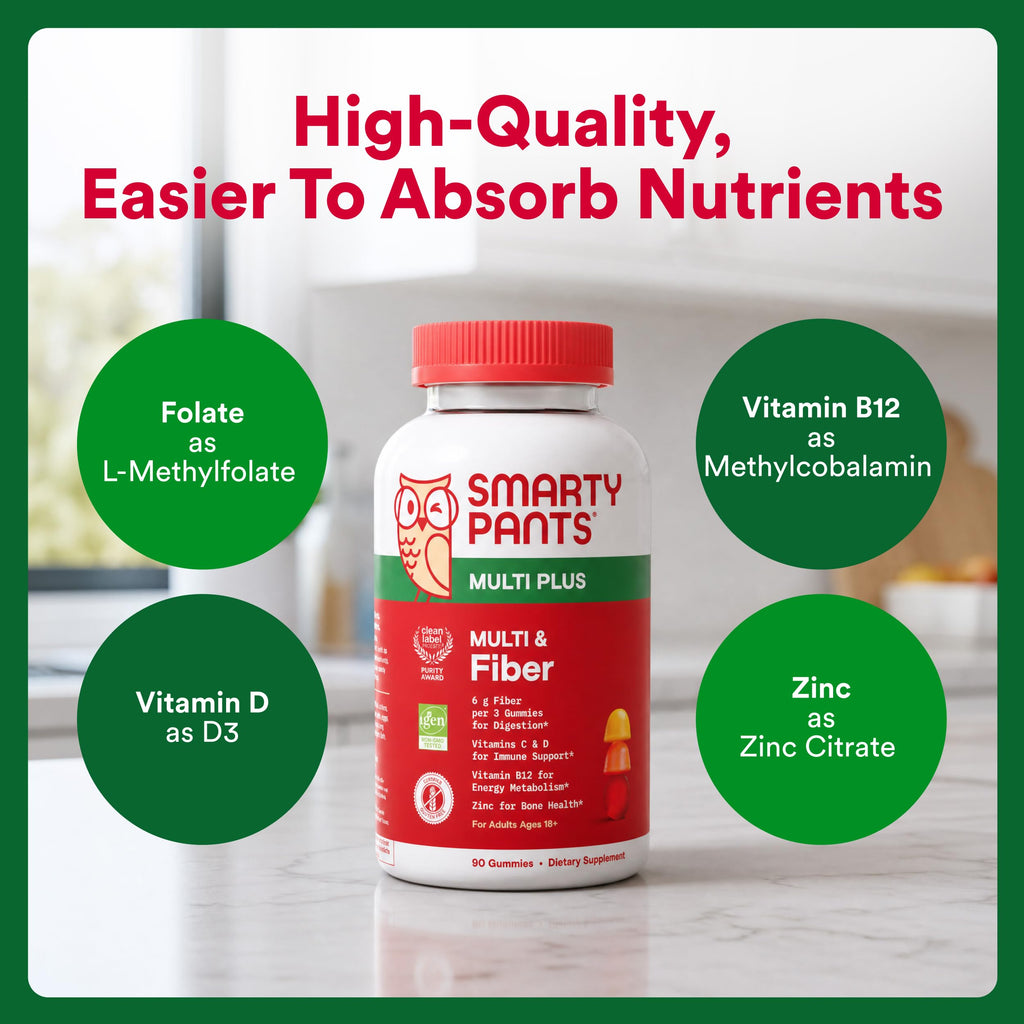 SmartyPants Plus Multi & Fiber Men and Women's Multivitamin Gummies with Prebiotic Fiber, Omega 3 DHA/EPA, Vitamin D3, C, B12, B6, A, K, Zinc, Clean Label, Three Fruit Flavors,90 Count (30 Day Supply)
