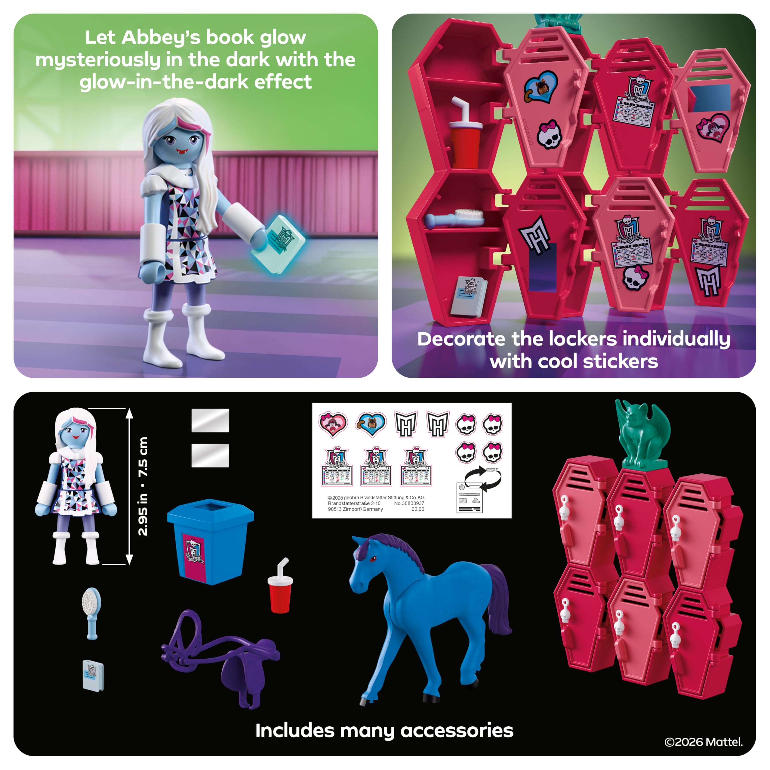 Playmobil | Monster High | Monster High Abbey at the Lockers | School Hallway Scene with Abbey Bominable, Nightmare, Glow Book & Lockers | for Fans Aged 5+ | 72146