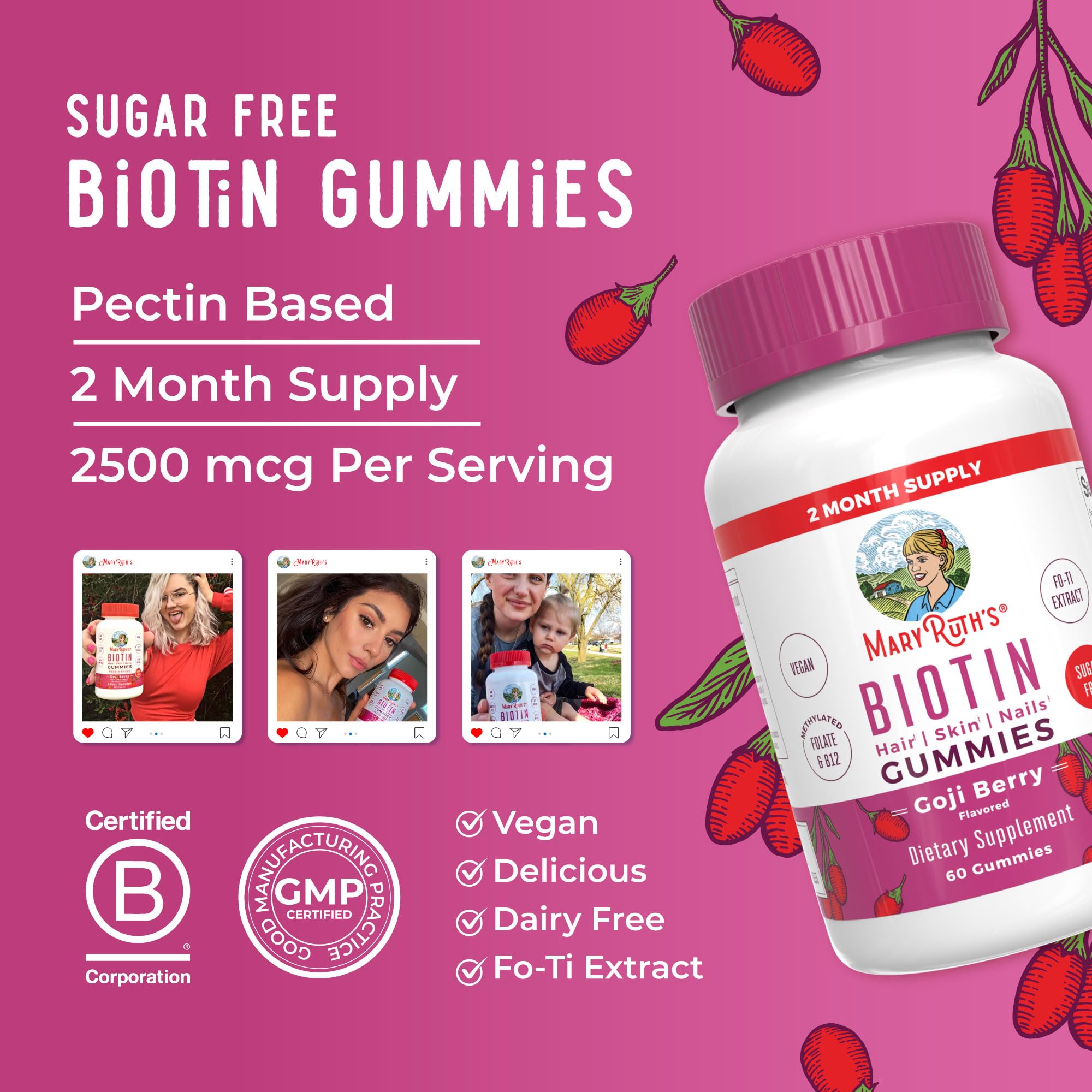 MARYRUTH'S Biotin Gummies, Hair Growth, Vegan, Sugar Free, Non-GMO, 60 Ct