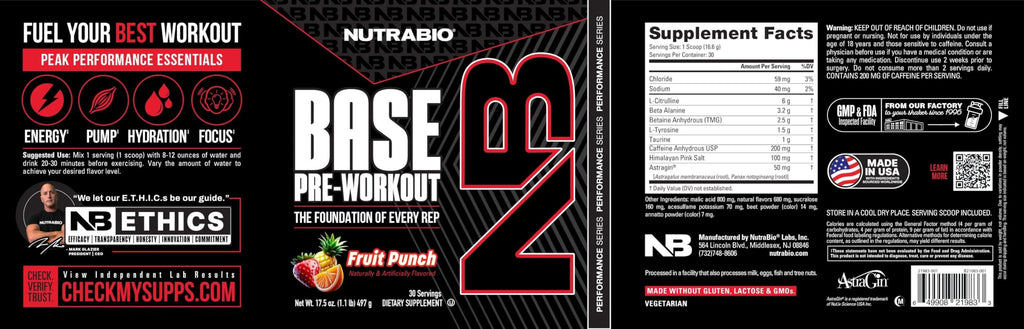 NutraBio Base Pre-Workout Powder 200mg Caffiene, Sustained Energy, Focus, Endurance, Pump, Sugar Free, Clean Preworkout for Men and Women - Beta Alanine, L-Tyrosine, 30 Servings - Fruit Punch