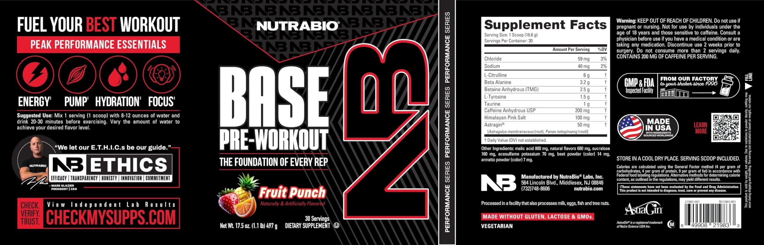 NutraBio Base Pre-Workout Powder 200mg Caffiene, Sustained Energy, Focus, Endurance, Pump, Sugar Free, Clean Preworkout for Men and Women - Beta Alanine, L-Tyrosine, 30 Servings - Fruit Punch
