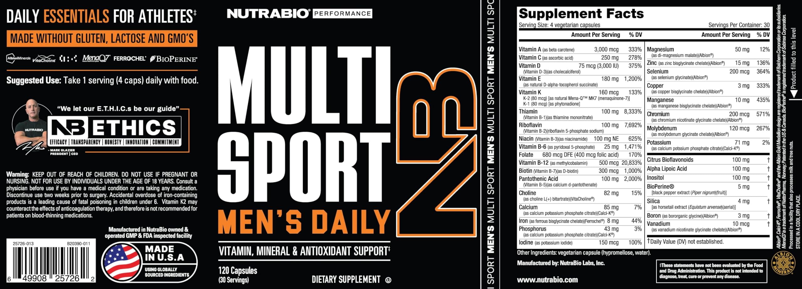 NutraBio Multisport for Men - Mens MultiVitamin - 33 Vitamins, Minerals, Micronutrients - Rich in Antioxidants - Supports Peak Athletic Performance, Energy, Metabolism (120 Vegetable Capsules)