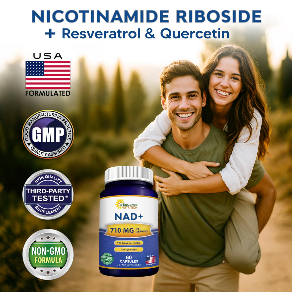 aSquared Nutrition NAD Resveratrol Supplement - NAD+ Nicotinamide Riboside 500mg (Vitamin B3) Plus Trans-Resveratrol & Quercetin - NMN Alternative for Men & Women - 60 Capsules