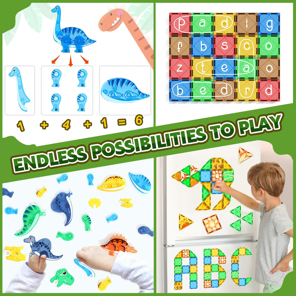 Dinosaur Toys Magnetic Tiles 3D Movable Dinos for Kids 3-5 5-7 Toddler Toy