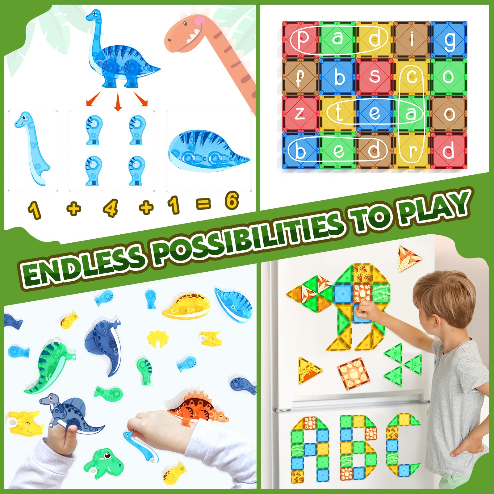 Dinosaur Toys Magnetic Tiles 3D Movable Dinos for Kids 3-5 5-7 Toddler Toy