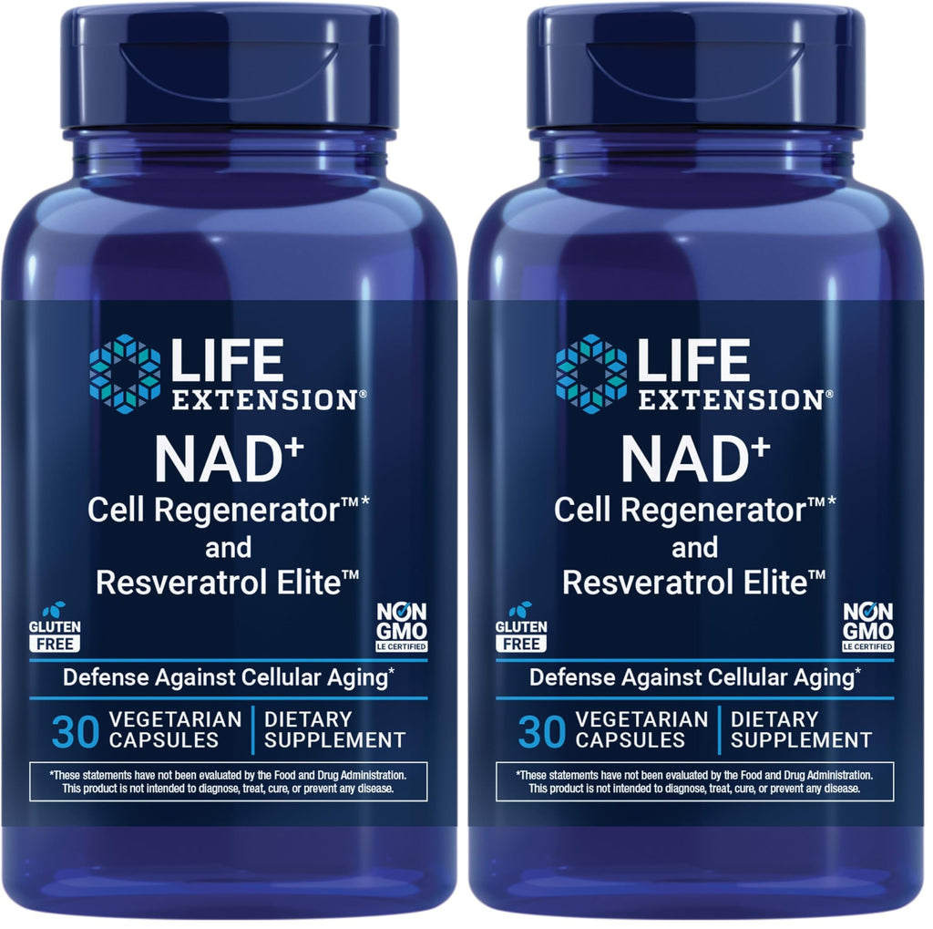 Life Extension NAD+ Cell Regenerator™ & Resveratrol Elite™*,nicotinamide riboside,Trans-resveratrol,quercetin,Fisetin,Heart Health,Healthy Aging,Vegetarian,Non-GMO,Gluten Free, 30 Capsules (Pack of 2)