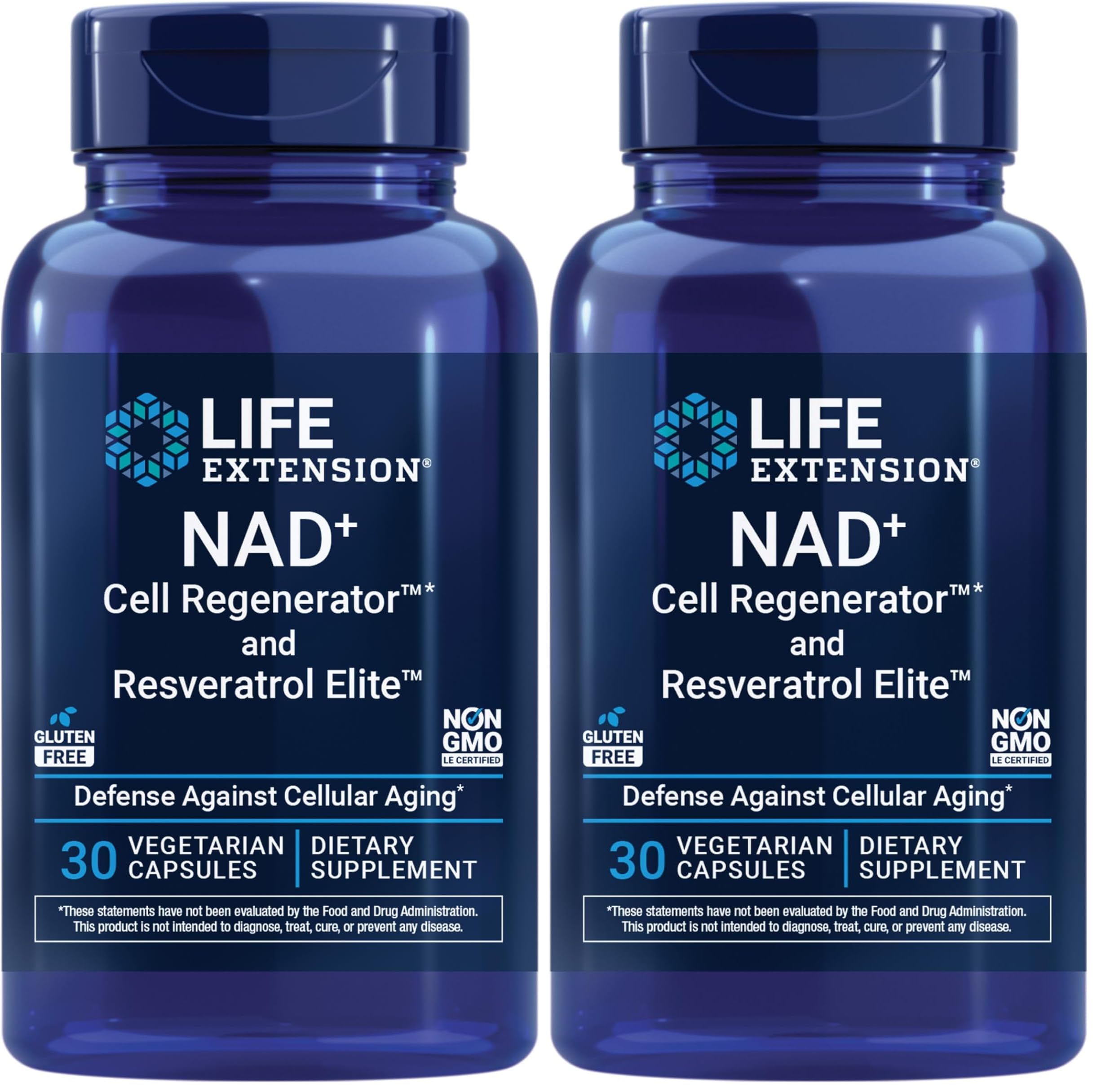 Life Extension NAD+ Cell Regenerator™ & Resveratrol Elite™*,nicotinamide riboside,Trans-resveratrol,quercetin,Fisetin,Heart Health,Healthy Aging,Vegetarian,Non-GMO,Gluten Free, 30 Capsules (Pack of 2)