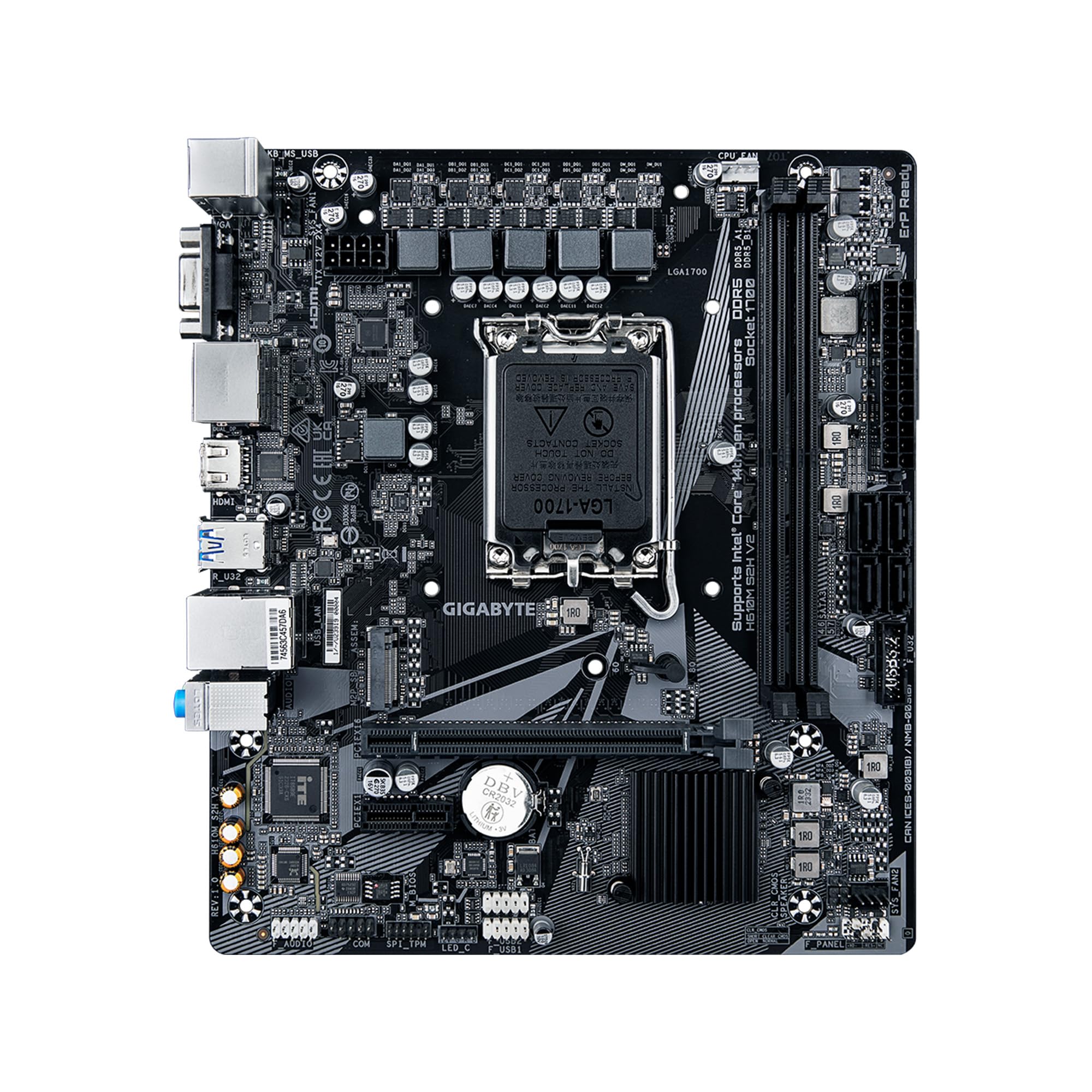 GIGABYTE H610M S2H V2 Motherboard, Supports 14th/13th/12th Gen Intel Core Processors (LGA 1700), mATX, DDR5, 1x M.2, PCIe 4.0, USB-C, HDMI, 2X DisplayPort, D-Sub, 1GbE LAN