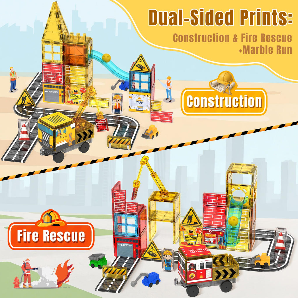 Magnetic Tiles for Kids Ages 4-8 Construction Toys with Crane Marble Run
