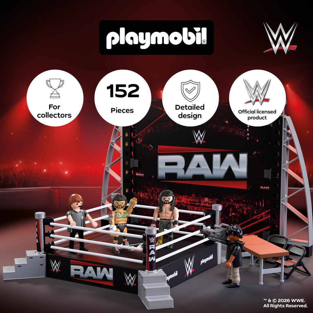 Playmobil | WWE | WWE RAW Ring Collectors Set | Wrestling Ring with CM Punk, Seth Rollins, Referee, Cameraman & Accessories | for Fans Aged 5+ | 71956