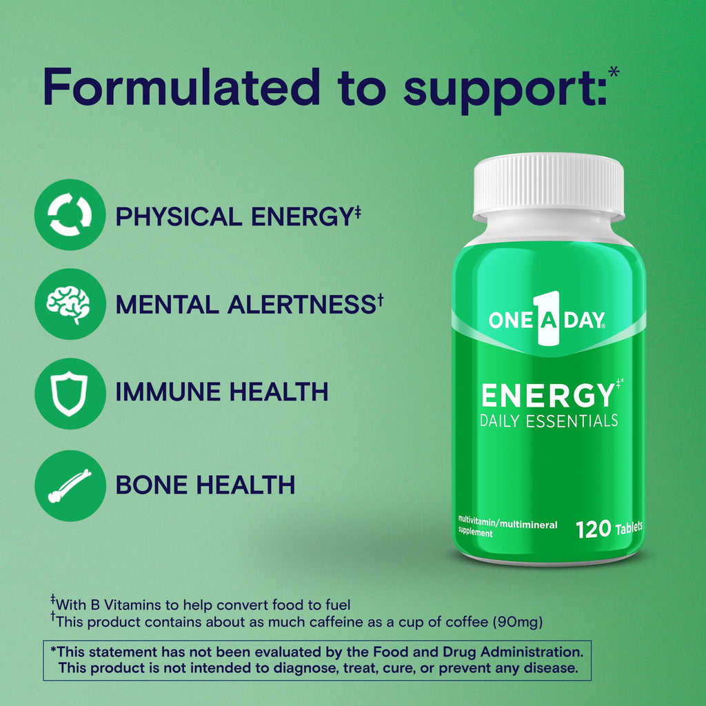 A Day Energy Daily Essentials Multivitamin, Energy Supplement to Support Mental Alertness and Immune Health with Vitamins A C, D, E, Zinc and Caffeine, 120 Count (Pack of 2)