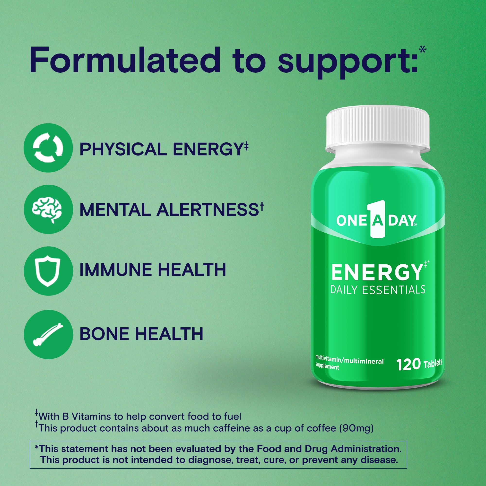A Day Energy Daily Essentials Multivitamin, Energy Supplement to Support Mental Alertness and Immune Health with Vitamins A C, D, E, Zinc and Caffeine, 120 Count (Pack of 2)
