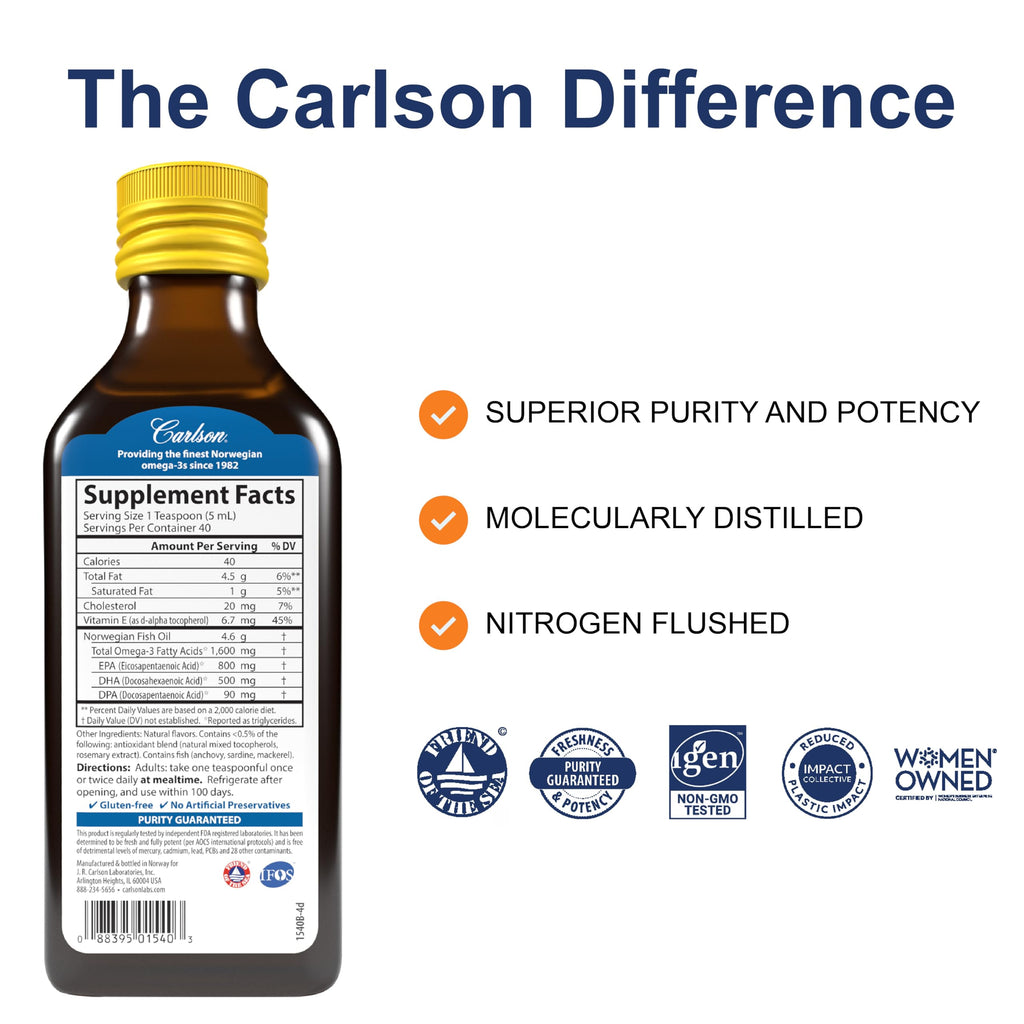 Carlson - The Very Finest Fish Oil, 1600 mg Omega-3s, Liquid Fish Oil Supplement, Norwegian Fish Oil, Wild-Caught, Sustainably Sourced Fish Oil Liquid, Lemon, 200ml, 6.7 Fl Oz