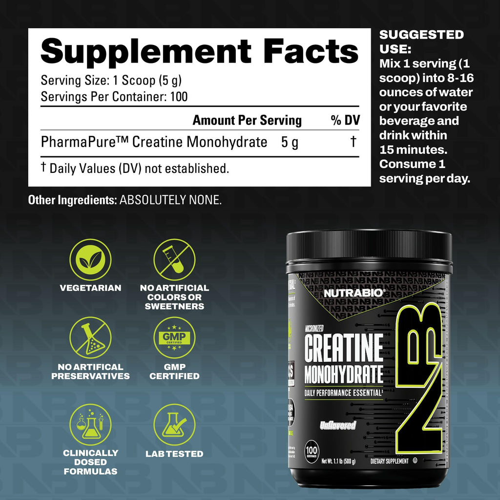 NutraBio Pure Micronized Creatine Monohydrate Powder Supplement, Unflavored, (500 g) - Supports Bulk Muscle Energy, Recovery, and Strength - HPLC Tested Creatine Powder Supplement for Men and Women