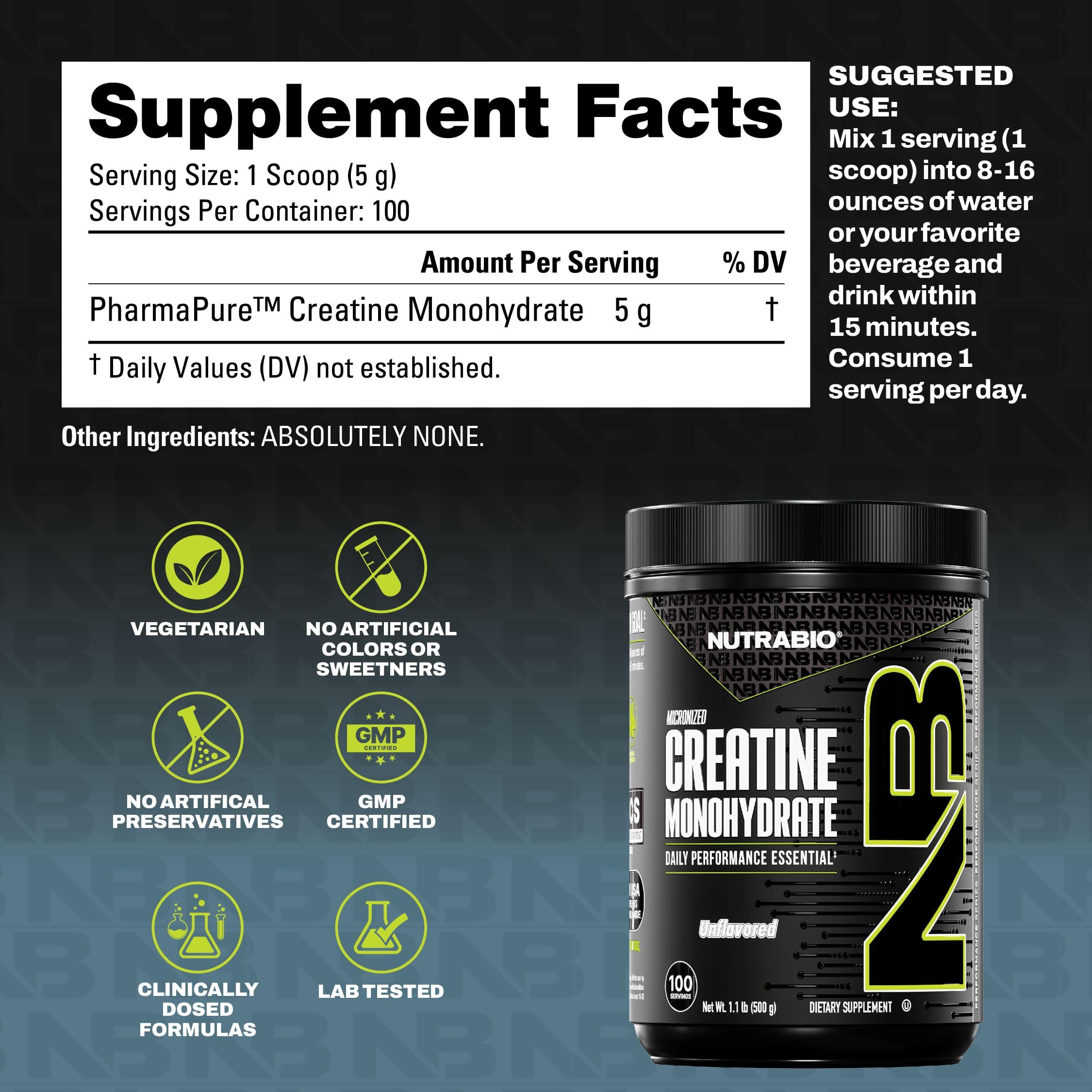 NutraBio Pure Micronized Creatine Monohydrate Powder Supplement, Unflavored, (500 g) - Supports Bulk Muscle Energy, Recovery, and Strength - HPLC Tested Creatine Powder Supplement for Men and Women