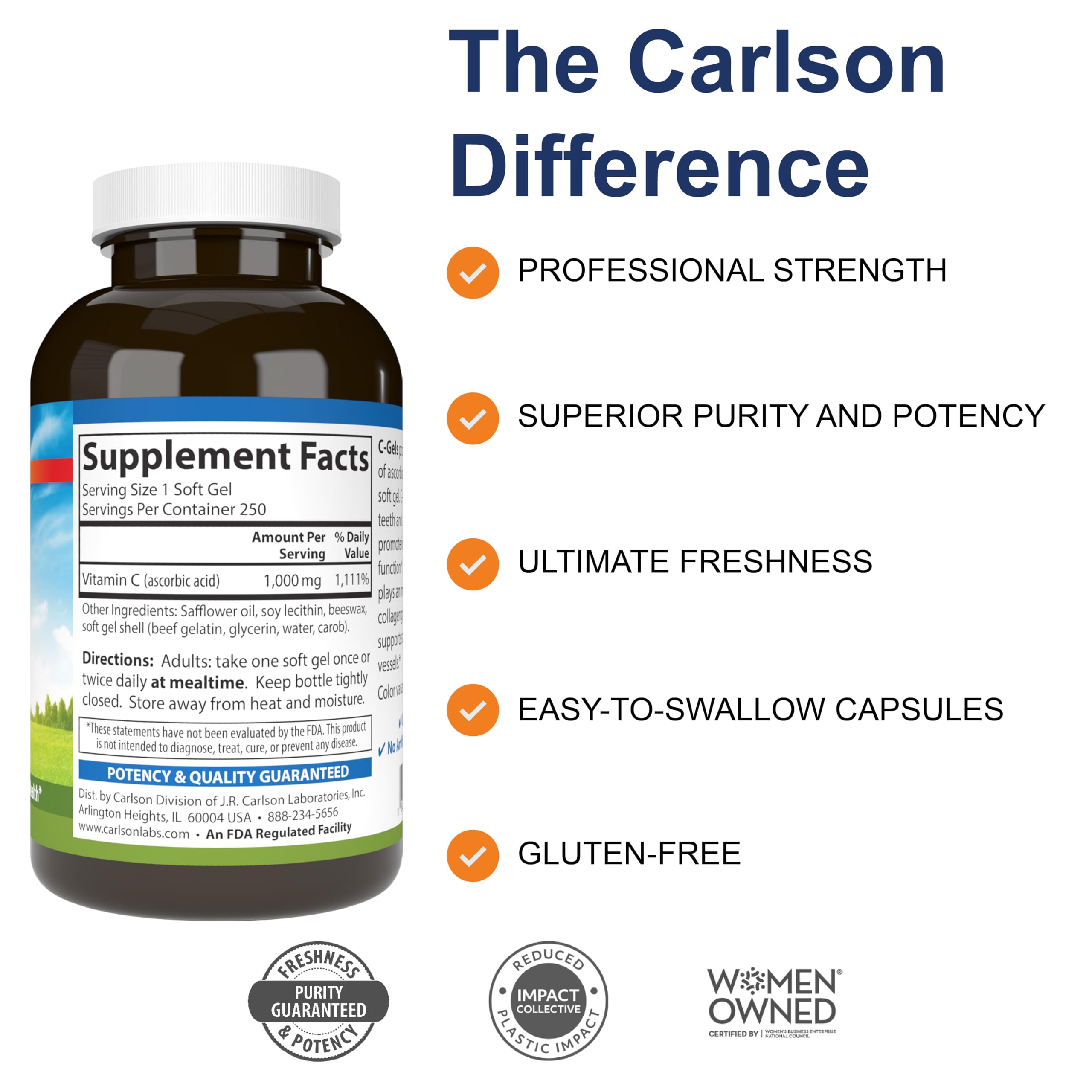 Carlson C-Gels, 1000 mg (1 g), Vitamin C Softgels, 250 Softgels