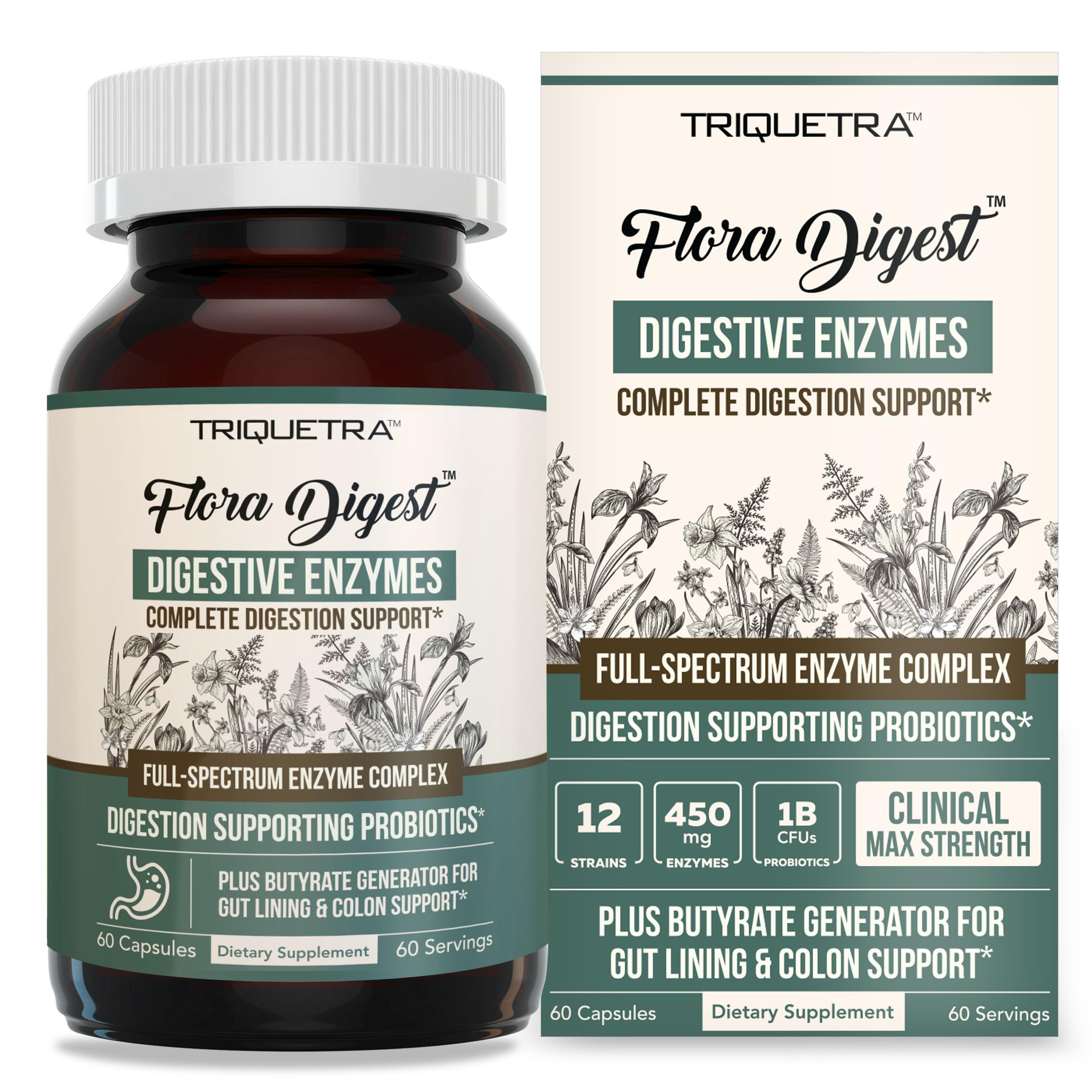 Flora Digest - 3-in-1 Max Strength Digestive Enzymes + Gut Surviving Probiotics & ButyraGen® Postbiotic for Optimal Digestion, Bloating Relief, Regularity, Gut Lining & Colon Support - (60 Capsules)