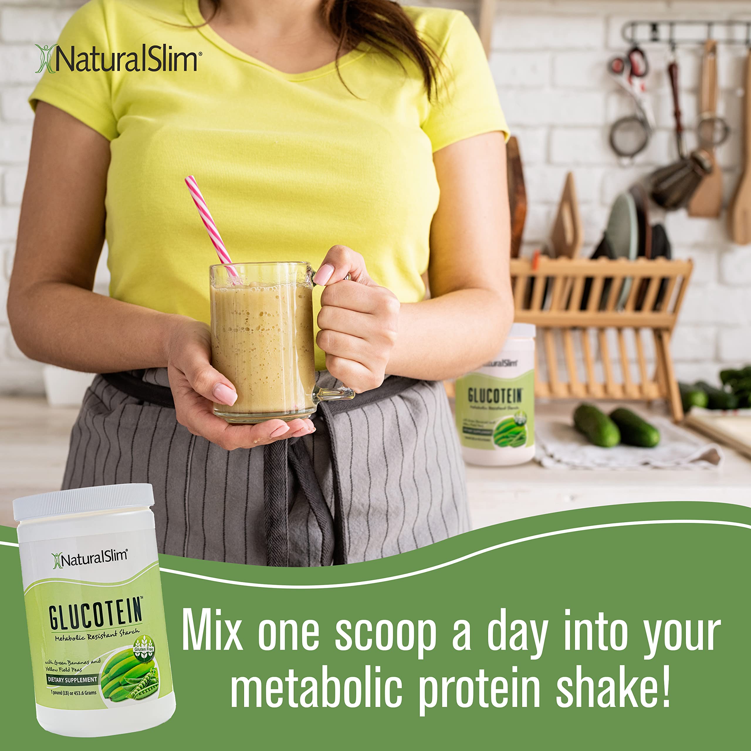 NaturalSlim Glucotein Prebiotic Resistant Starch Supplement with Green Banana Flour & Pea Starch Blend Non-GMO, Gluten-Free 16 Servings