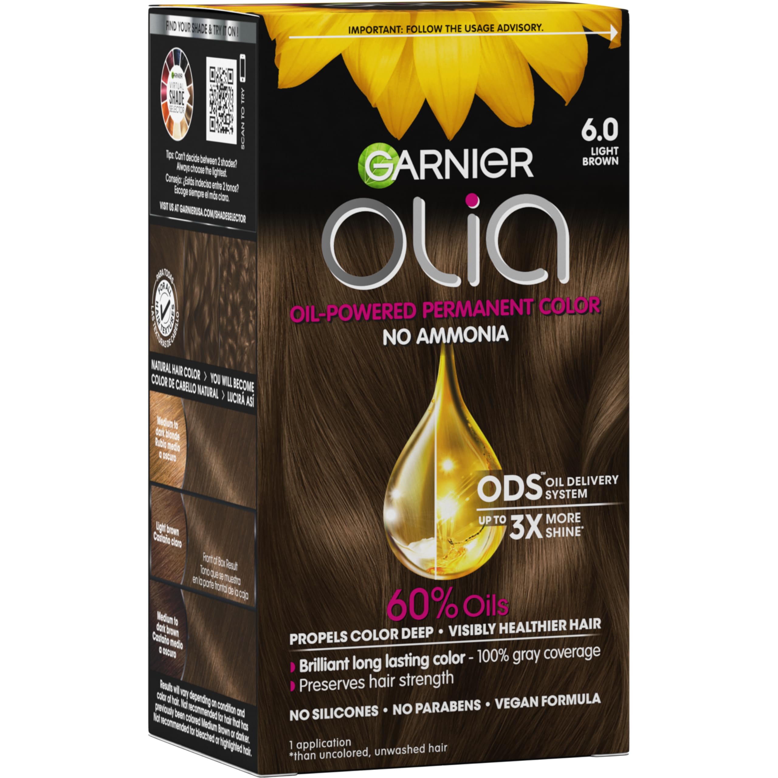 Garnier Olia Hair Color, Ammonia-Free Permanent Hair Dye, Oil-Powered Formula for 100% Gray Coverage and 3x Shinier Hair, Vegan & Cruelty Free, 6.0 Light Brown, 1 Count