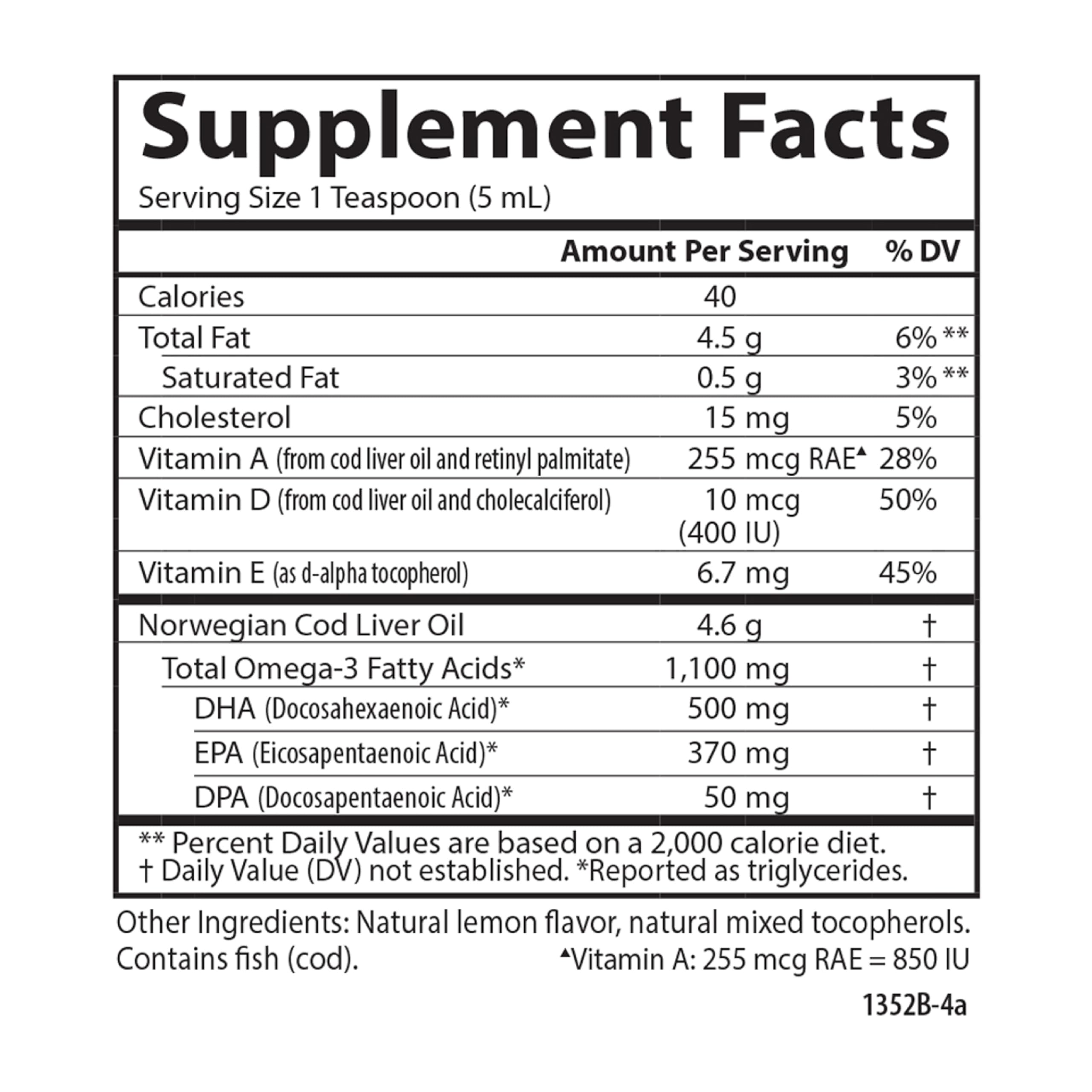 Carlson - Cod Liver Oil 1100 mg Omega-3s Plus Vitamins A & D3, Wild Caught Norwegian Arctic, Sustainably Sourced Nordic Fish Oil Liquid, Lemon, 500 mL (16.9 Fl Oz)