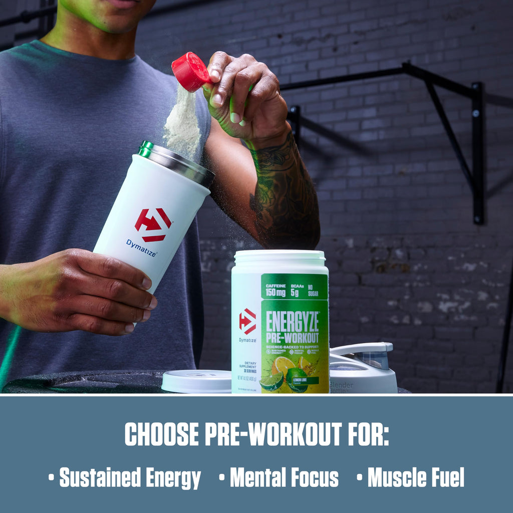 Dymatize Energyze Pre Workout Powder for Men and Women, Lemon Lime Flavor, 150mg Caffeine, 5g BCAAs, Performance Blend of L-Theanine, L-Tyrosine, L-Citrulline, No Sugar, 30 Servings