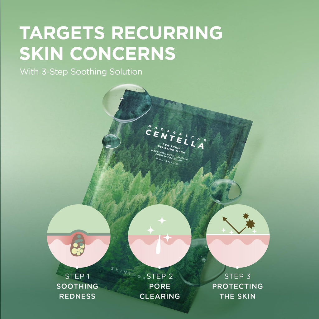 SKIN1004 Madagascar Centella Tea-Trica Relaxing Mask, Face Mask Skincare for Oily & Blemish Prone Skin, Soothing & Calming Relief Care for Sebum & Impurities, Korean Skin Care, 0.81 fl oz / 24ml * 5ea