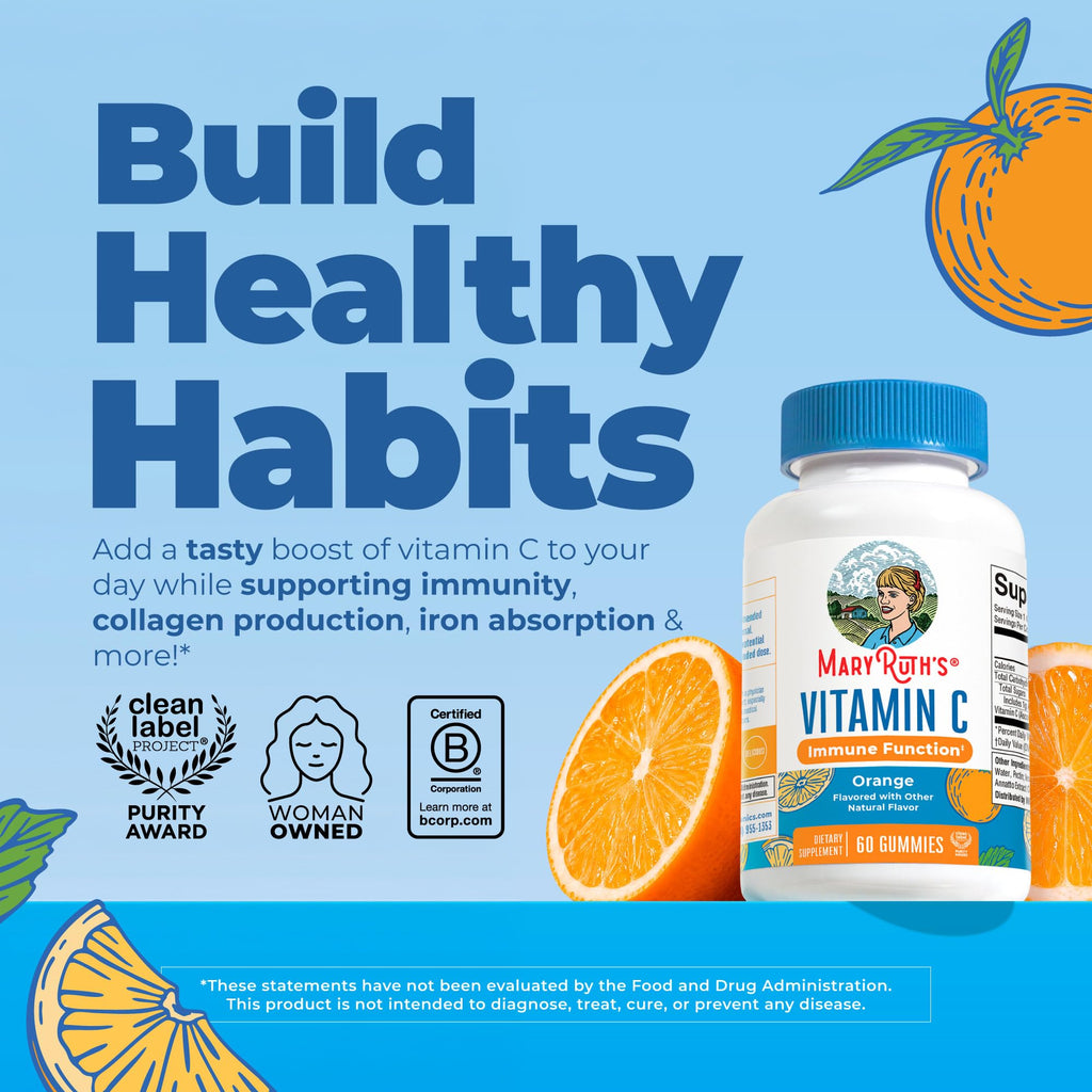MARYRUTH'S Vitamin C Gummies for Adults&Kids, Orange, 60 ct, 2-Month Supply