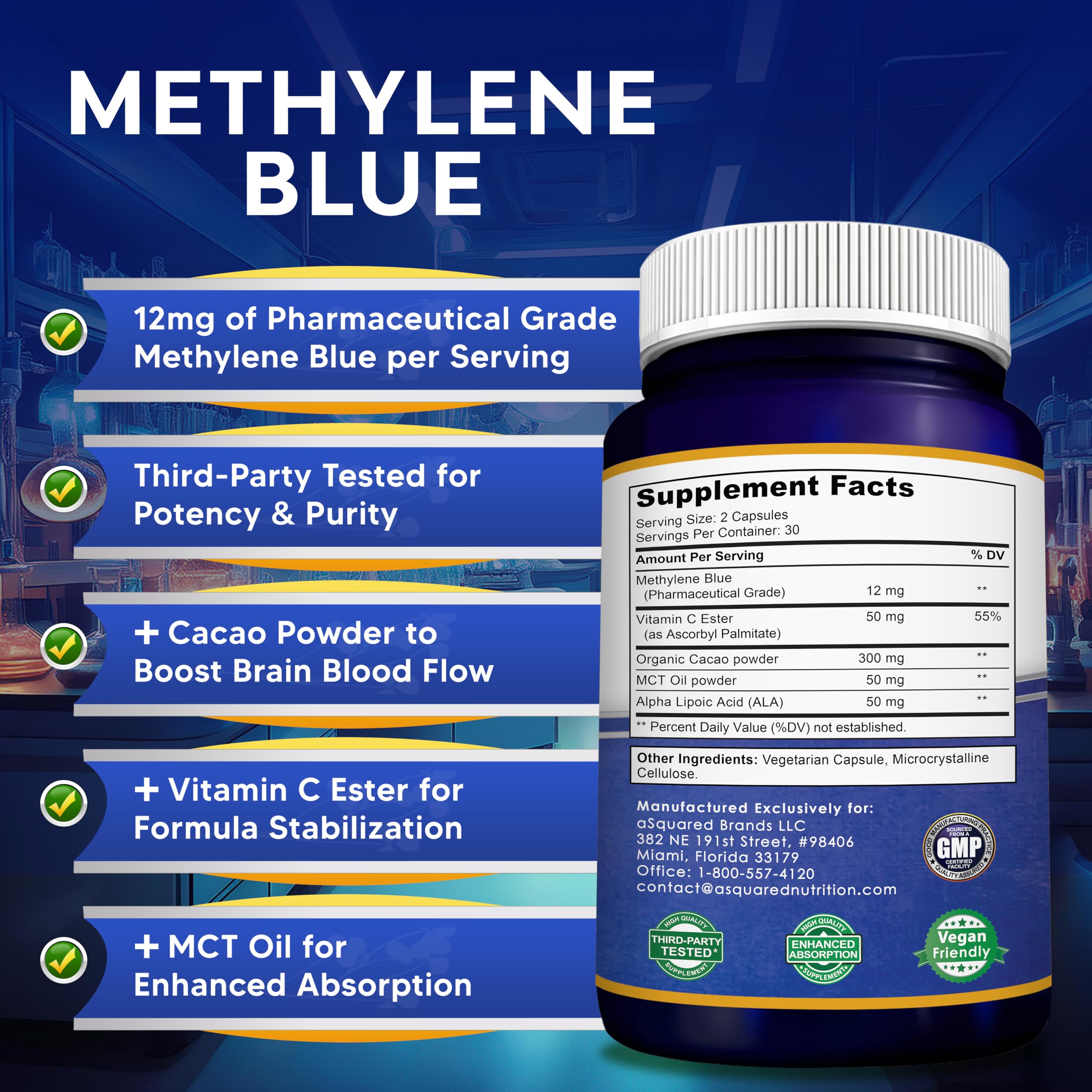 aSquared Nutrition Methylene Blue Capsules - Pharmaceutical Grade Supplement for Humans - 12mg Per Serving USP Grade - w/Vitamin C & Cacao Powder - Brain, Focus, Energy - Alt to Drops & Tablets