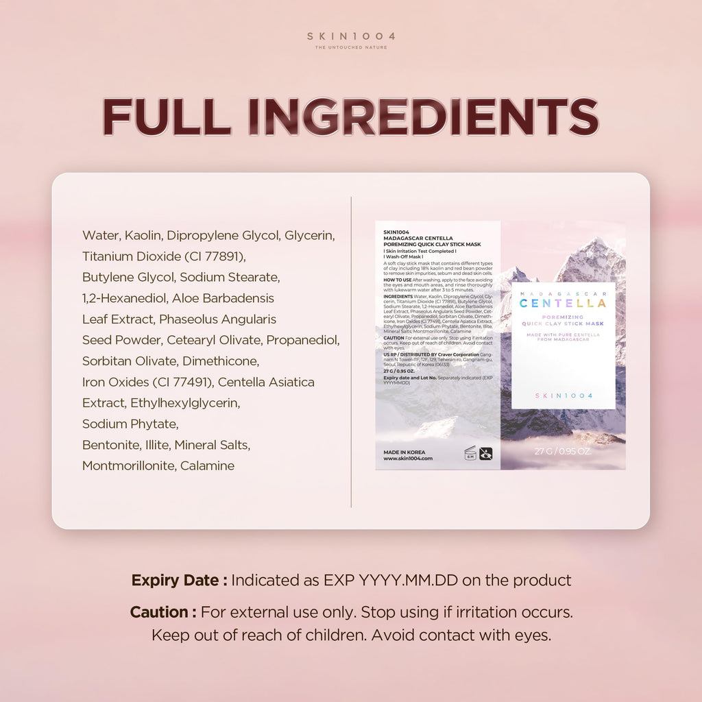 SKIN1004 [Hudson's Pick] Poremizing Quick Clay Stick Mask, Facial Clay Mask for Pores, Centella Clay Stick for Pore Minimizing, Pink Pore Mud Mask for Sebum Balance, Korean Skin Care, 0.95 oz / 27g