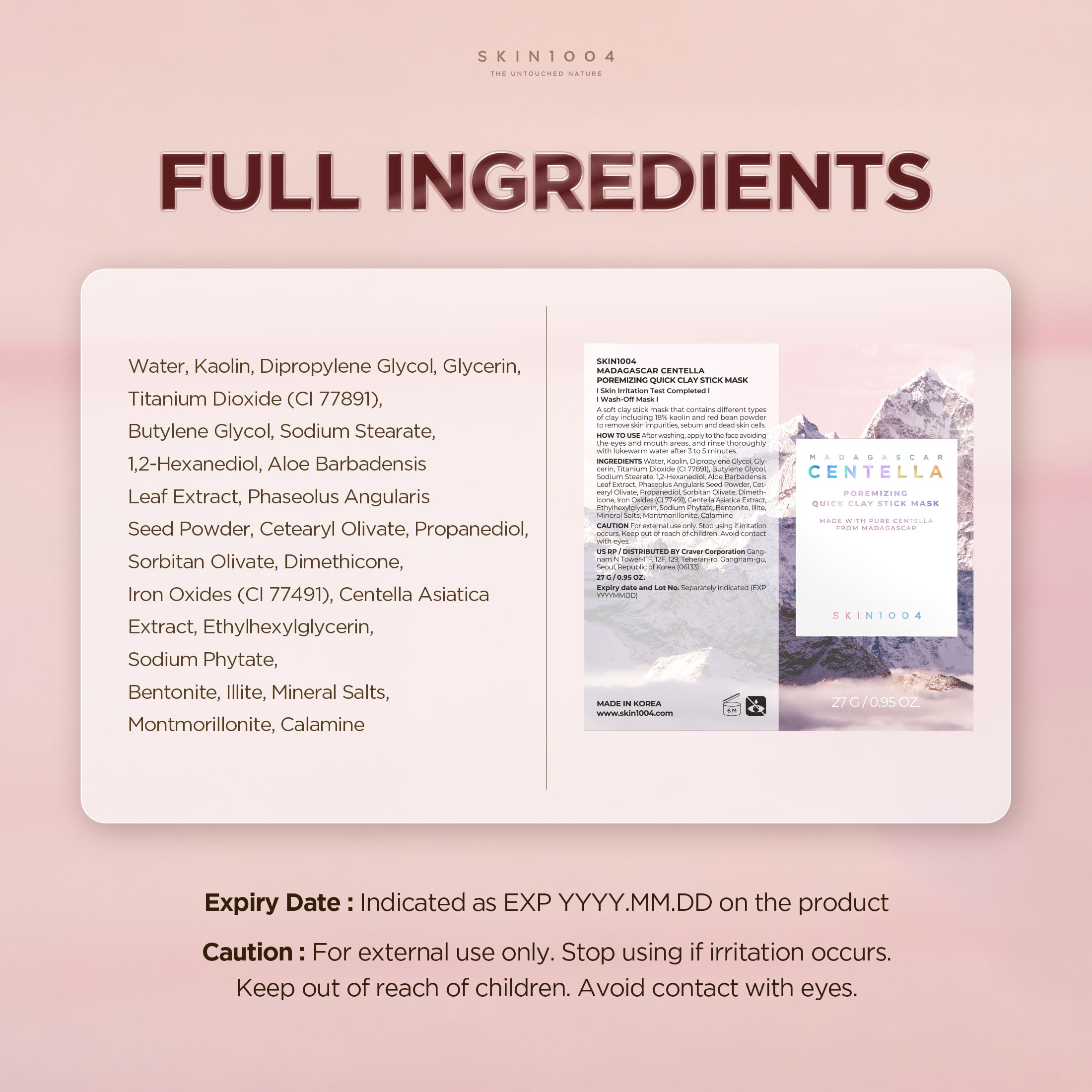 SKIN1004 [Hudson's Pick] Poremizing Quick Clay Stick Mask, Facial Clay Mask for Pores, Centella Clay Stick for Pore Minimizing, Pink Pore Mud Mask for Sebum Balance, Korean Skin Care, 0.95 oz / 27g