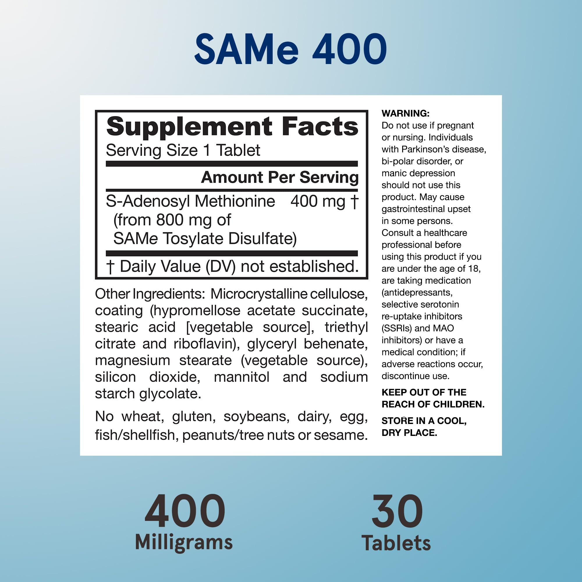 Jarrow Formulas SAMe Supplement 400 mg - 30 Tablets - High Concentration of Active S,S Form - Supports Joint Health, Liver Function, Brain Metabolism, Balanced Mood & Antioxidant Defense - 30 Servings