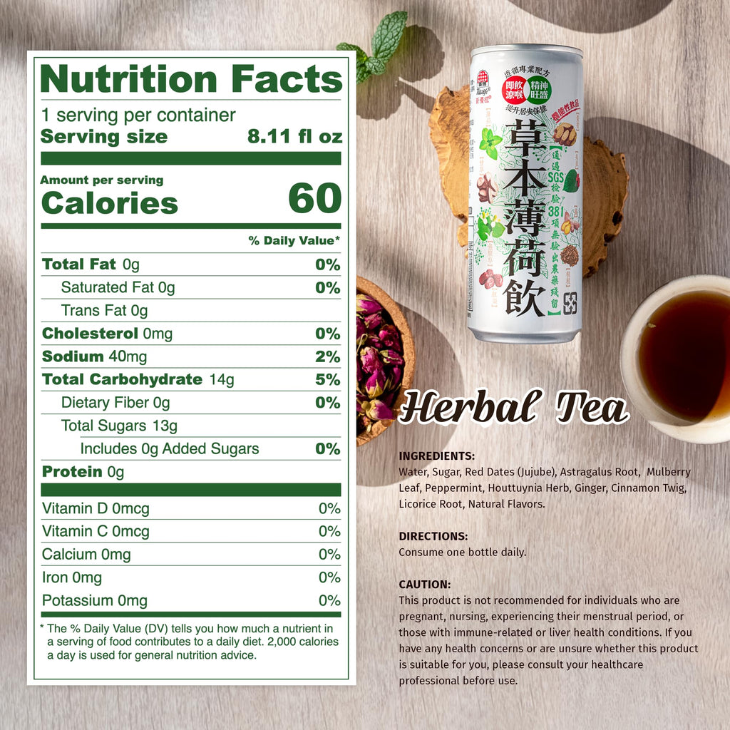 NÜLIFE Peppermint Herbal Iced Tea bottled, Pack of 24, 8 Botanical Blend Herbal Tea Drink for Cooling Refreshment and Throat Soothe, Caffeine-Free, Zero Jitters, Low Calorie Healthy Mint Drink, 8.11 Oz Can