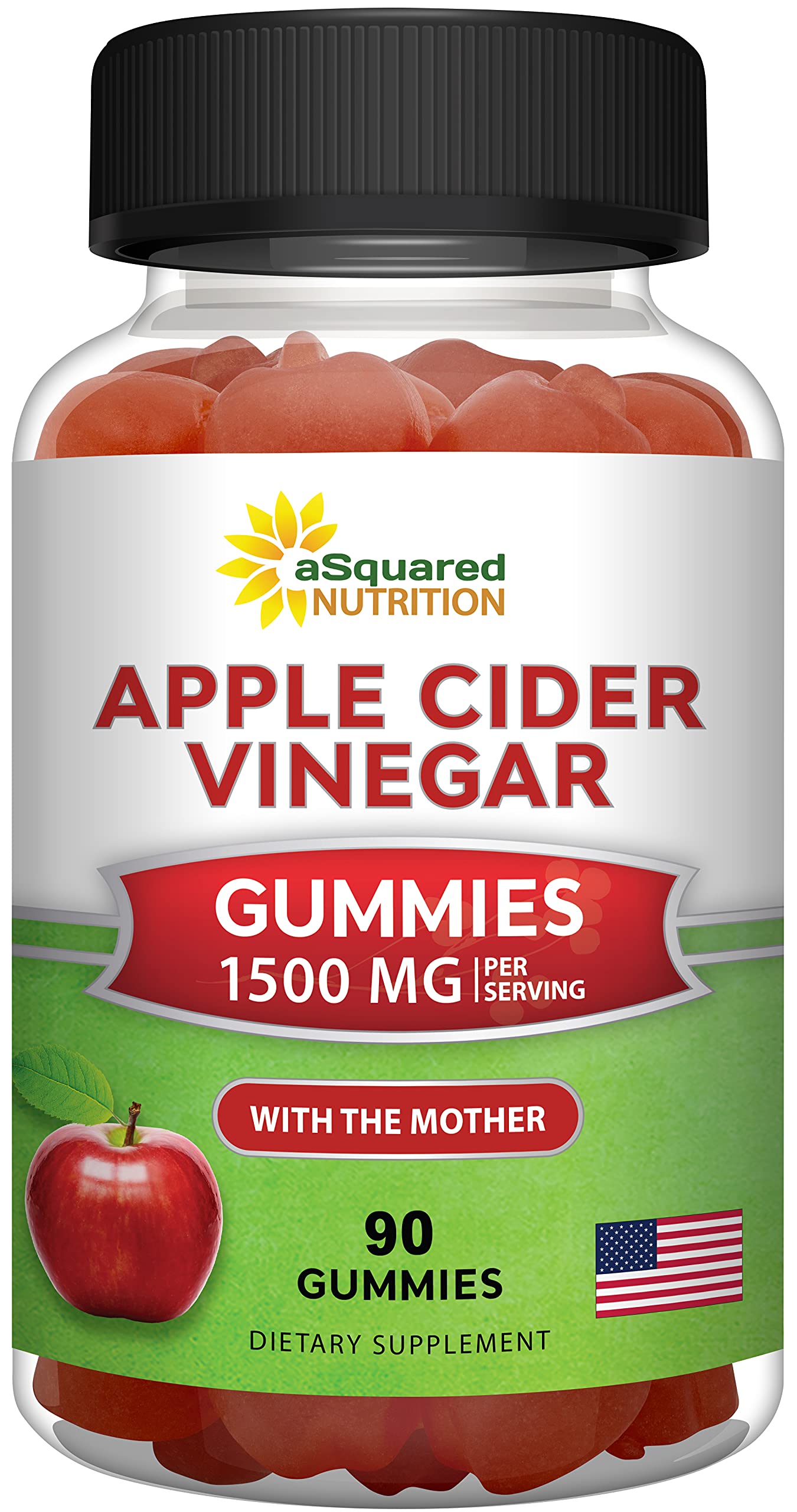 aSquared Nutrition Apple Cider Vinegar Gummies - 1500mg Per Serving - with The Mother - 90 ACV Gummies w/Vitamin B6 & B12, Folic Acid - Vegan Gummy Supplement Alternative to Capsules Pills & Drink