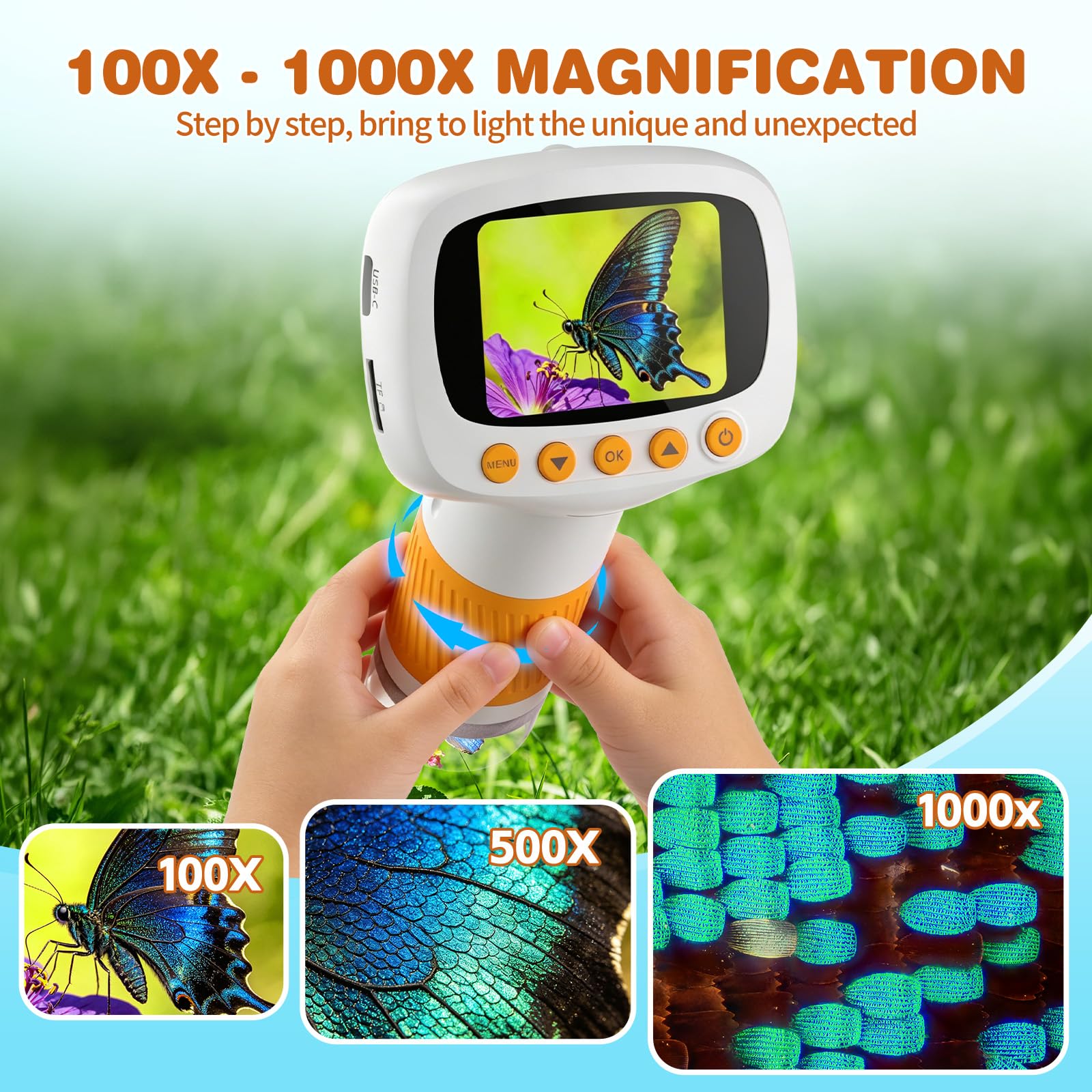 Pocket Kids Microscope for Over 3 Years Old, 1000X Handheld Microscope for Kids w/2''IPS Digital, Photo Video Mini Portable Microscopes, Science Edu Digiscope,Christmas Birthday Gifts for Kids