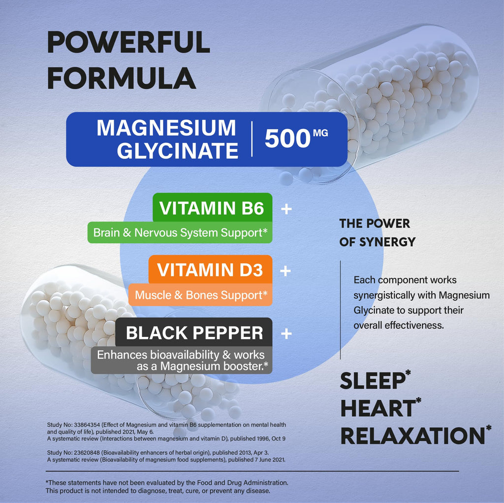 Magnesium Glycinate 500 mg - Chelated Supplement - High Absorption Form of Magnesium - Support for Sleep, Muscle & Heart Health - for Women & Men - Lab Tested & Non-GMO - 180 Capsules
